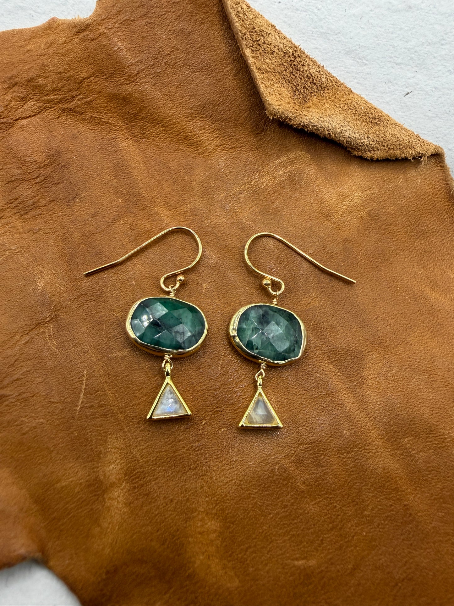 Gems and Geometry: Lunar Duet Emerald and Rainbow Moonstone Drop Earrings