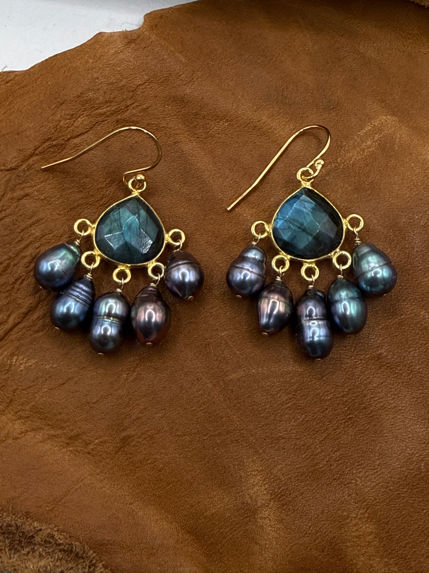 Luminous Allure: Labradorite and Midnight Pearls Chandelier Earrings