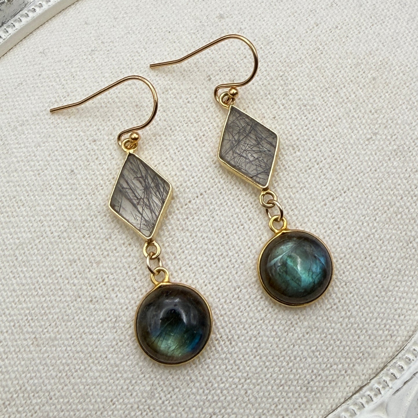 Gems and Geometry: Labradorite and Rutilated Quartz Drop Earrings