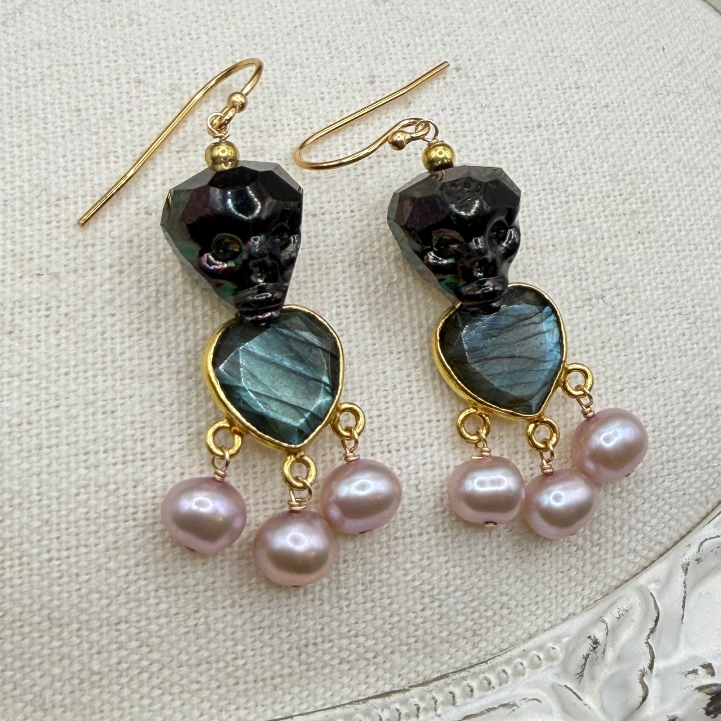 Ornamental Oddities: Crystal Skull and Gemstone Drop Chandelier Earrings (labradorite heart and pink pearl)
