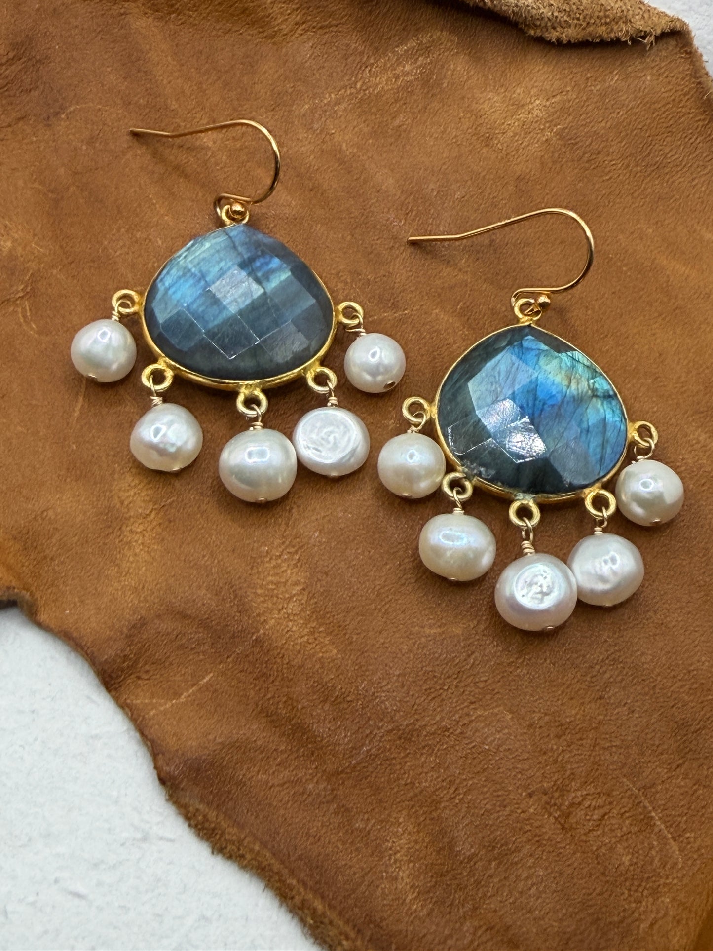 Luminous Allure: Labradorite and Pearl Classic Chandelier Earrings