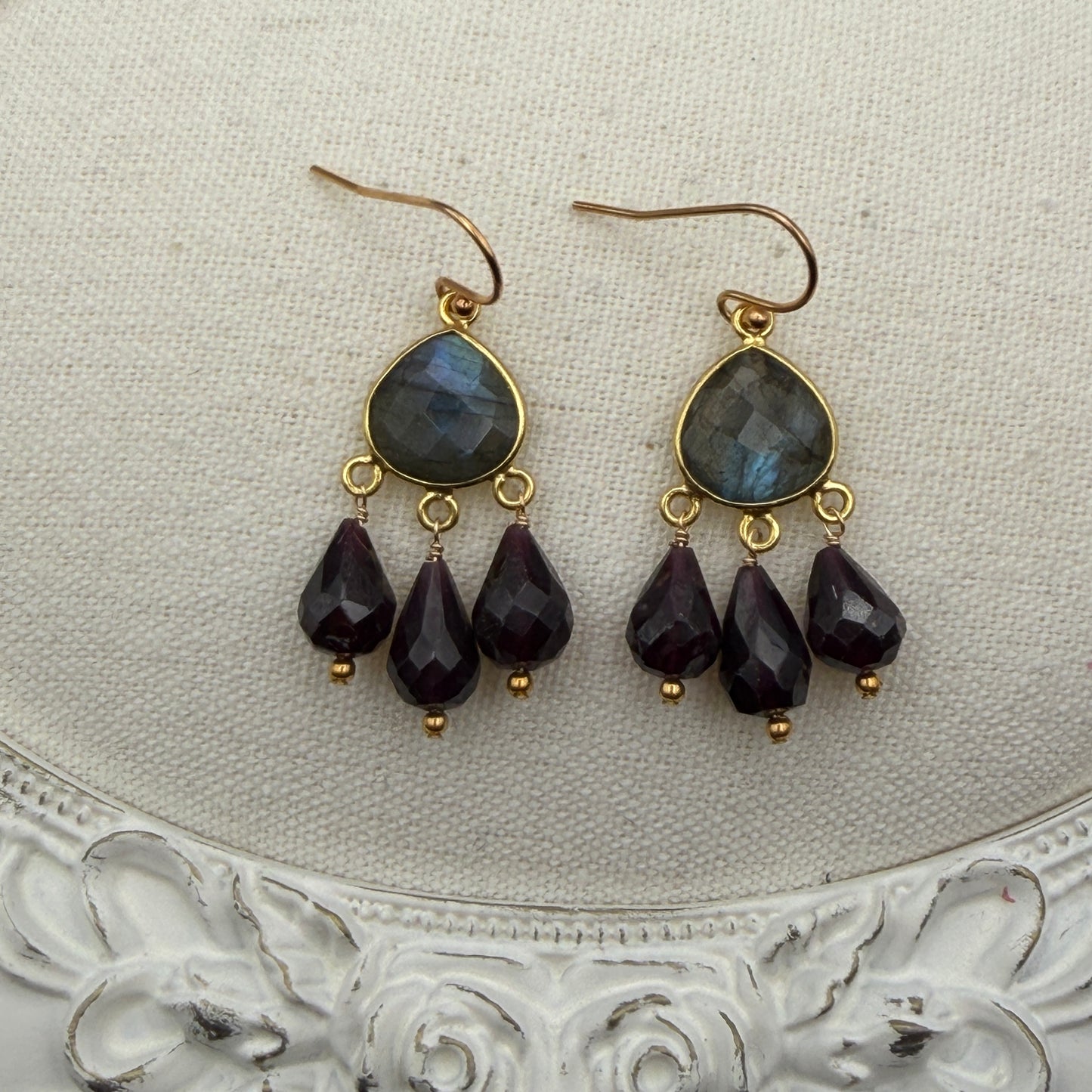 Luminous Allure: Labradorite and Garnet Chandelier Earrings