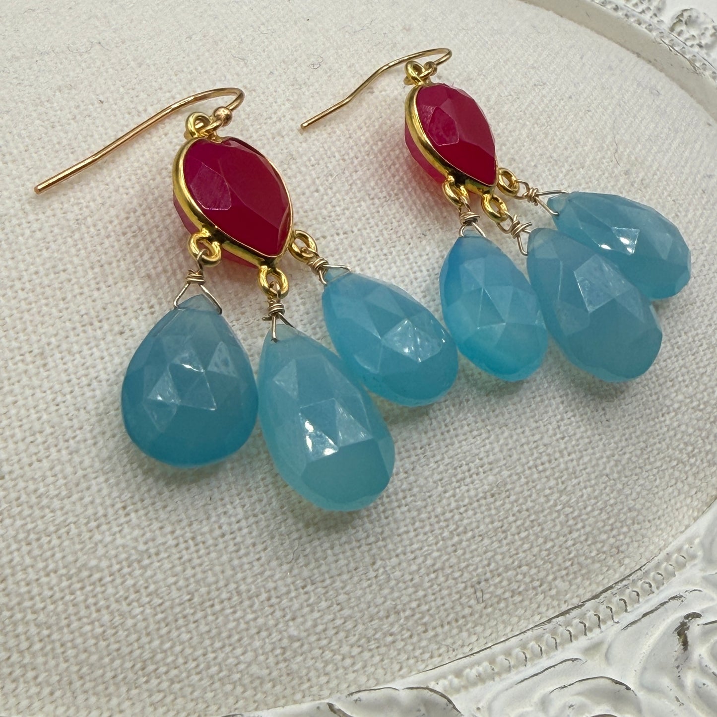 Gems Like Candy: Pink Hearts and Blue Tears Chandelier Earrings