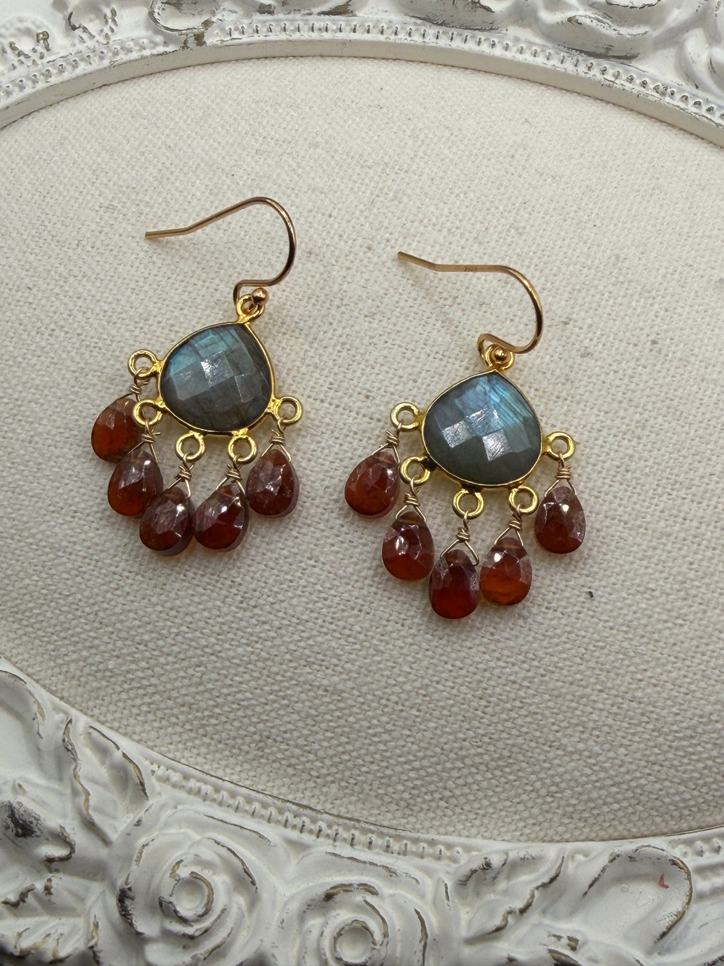 Luminous Allure: Labradorite and Hessonite Garnet Chandelier Earrings