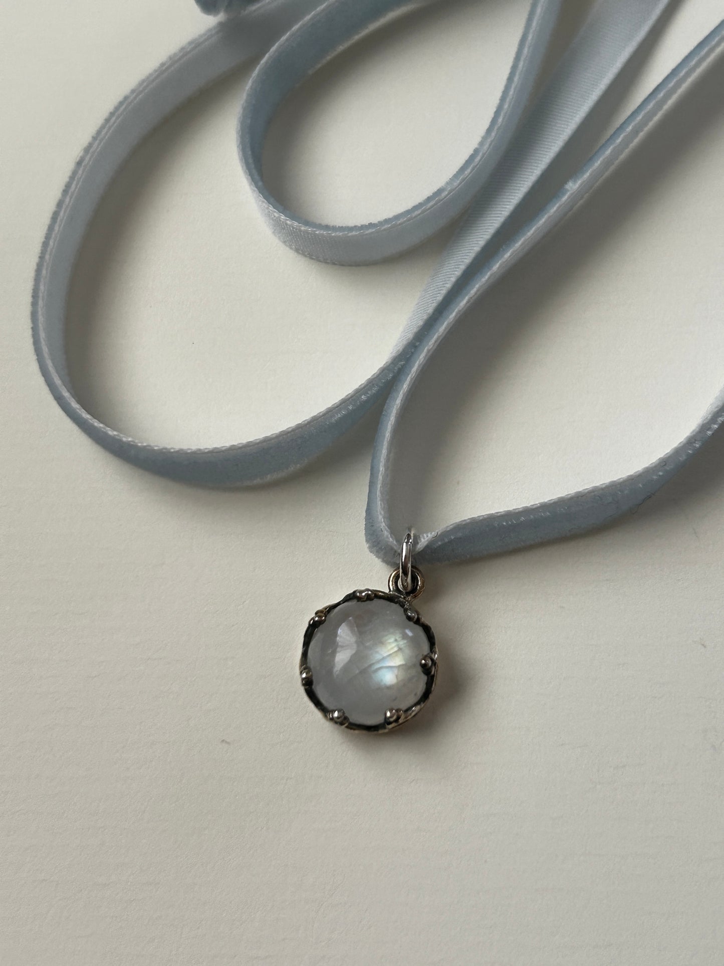 Romantic Baubles: Icy Glow Rainbow Moonstone Velvet Choker