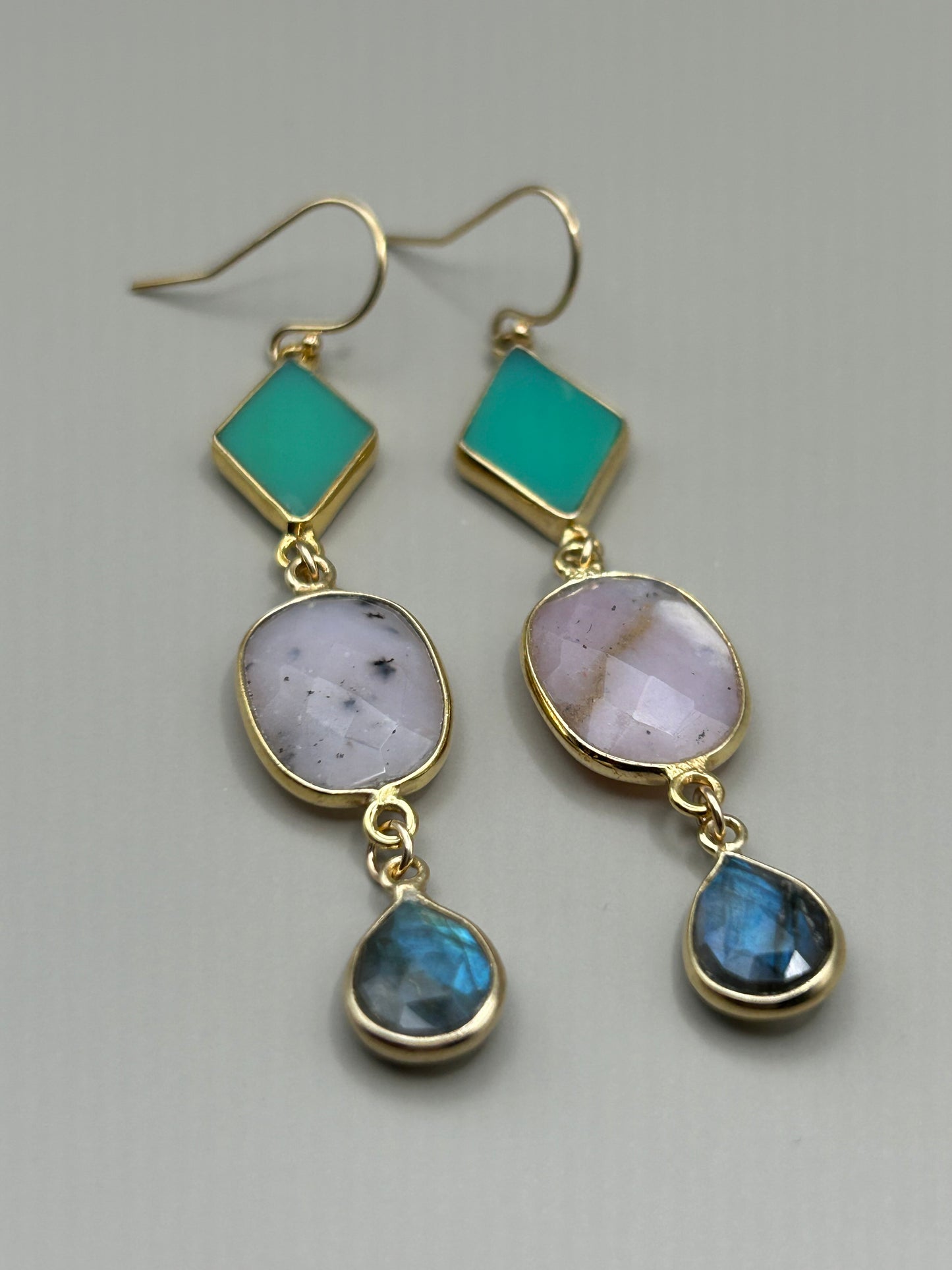 Gems and Geometry: Chalcedony Opal and Lab Stack Earrings