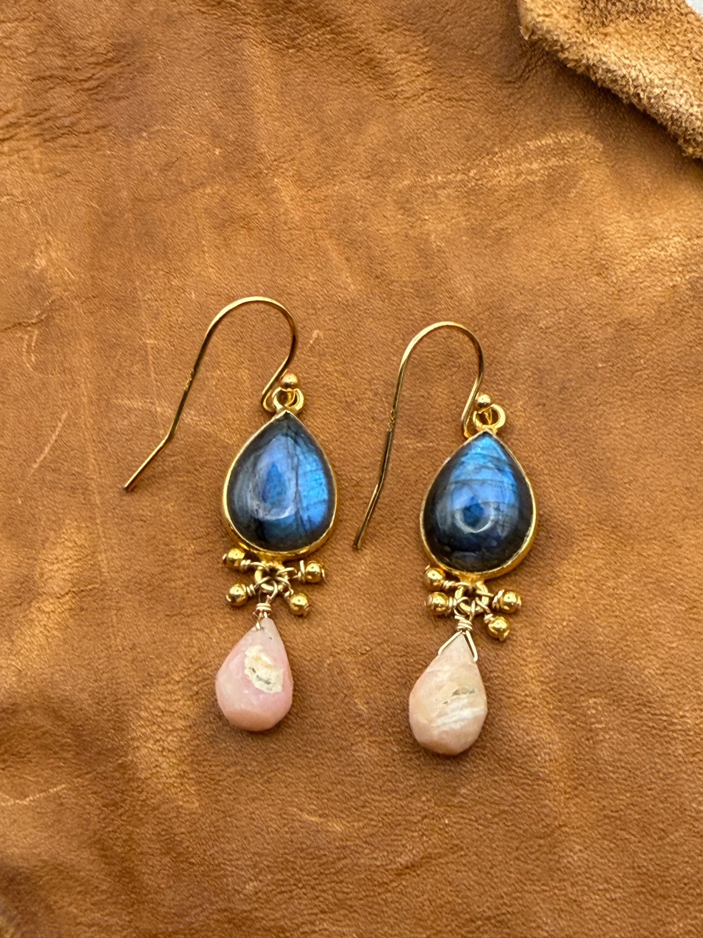 Luminous Allure: Cha-Cha Labradorite and Pink Opal Drop Earrings