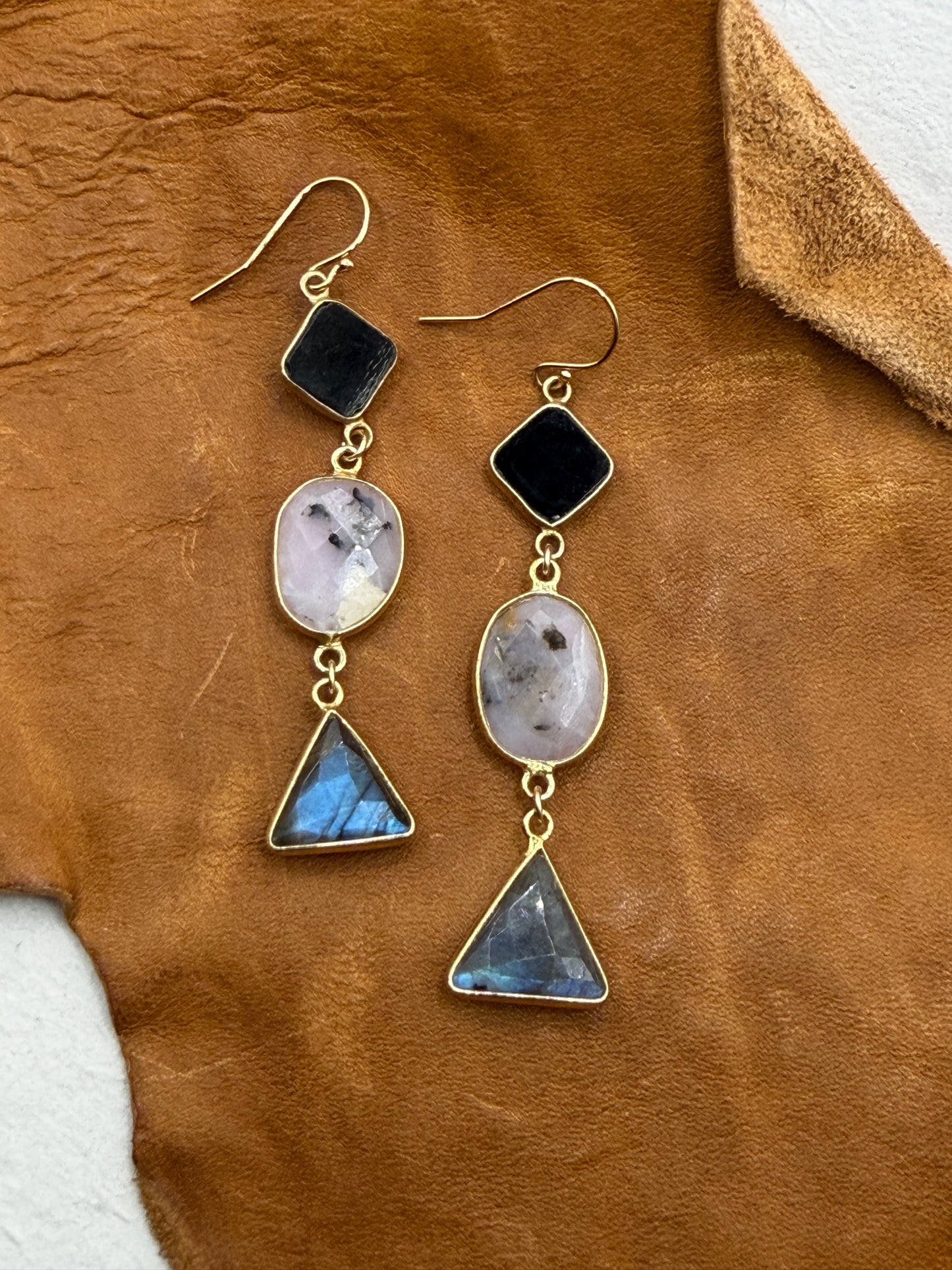 Gems and Geometry: Onyx Opal and Lab Stack Earrings