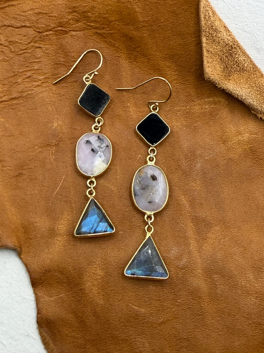 Gems and Geometry: Onyx Opal and Lab Stack Earrings