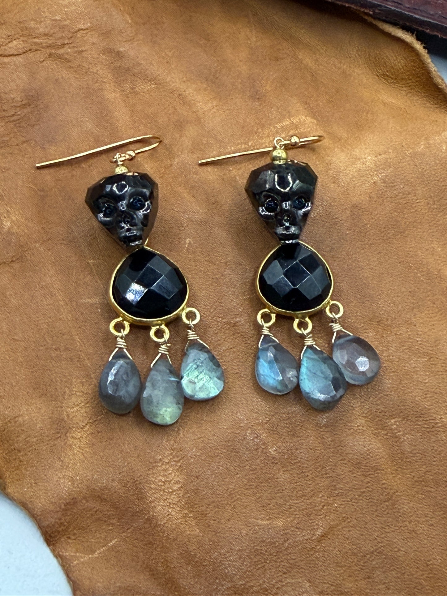 Ornamental Oddities: Crystal Skull and Gemstone Drop Chandelier Earrings (black onyx and labradorite)