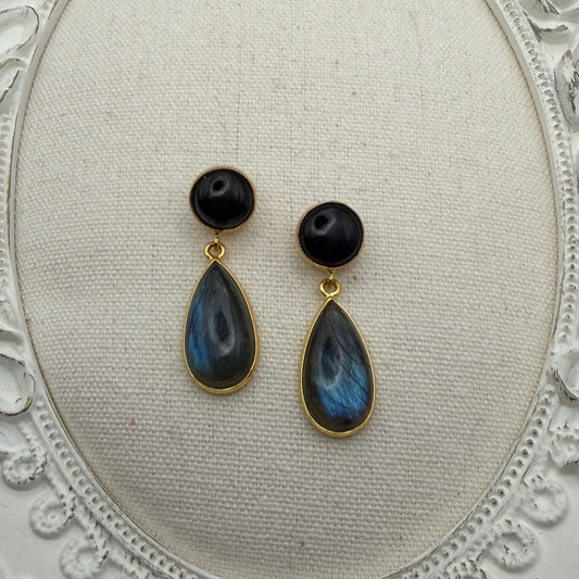 Luminous Allure: Dark of Night Onyx and Labradorite Drop Earrings