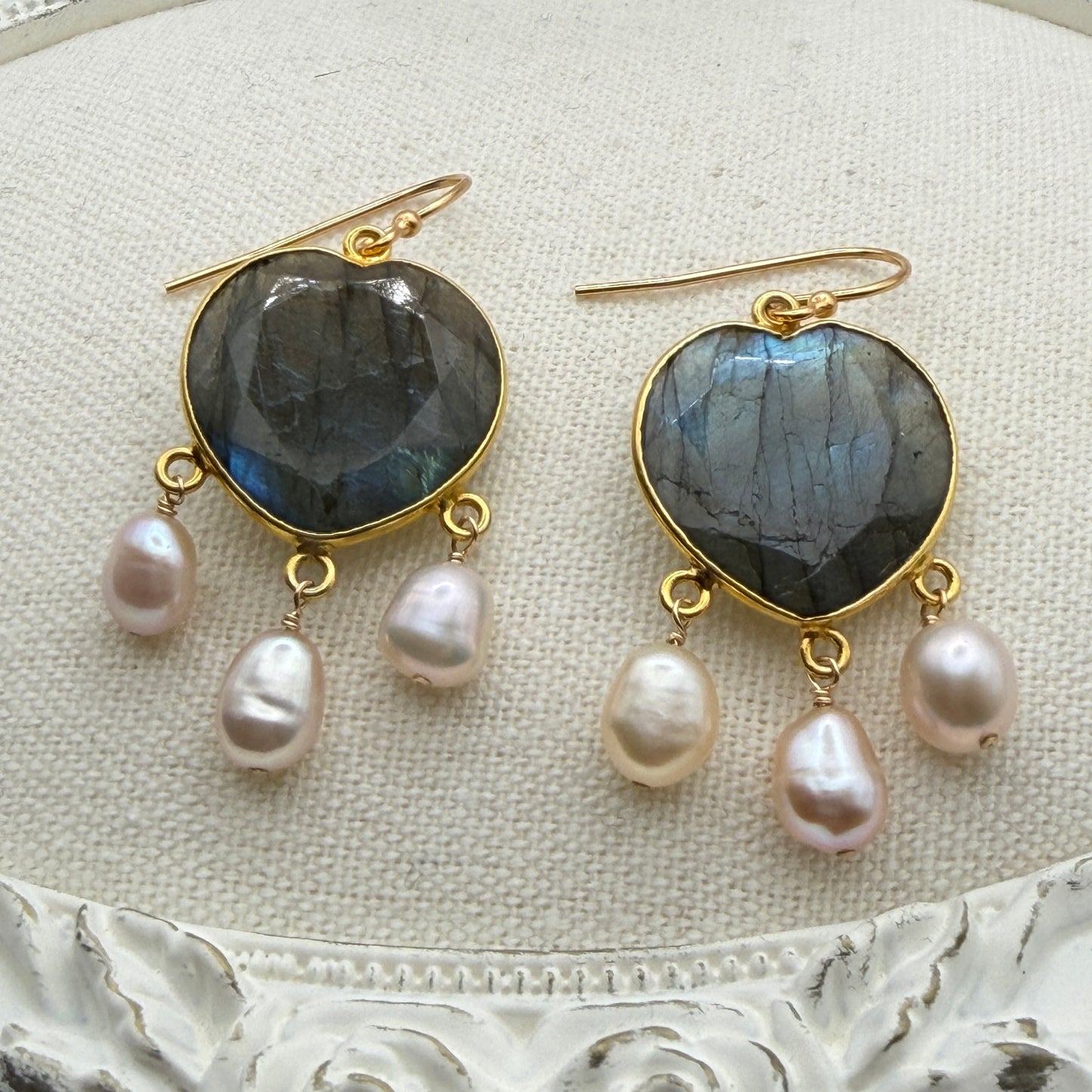 Luminous Allure: Labradorite Heart and Pearl Chandelier Earrings