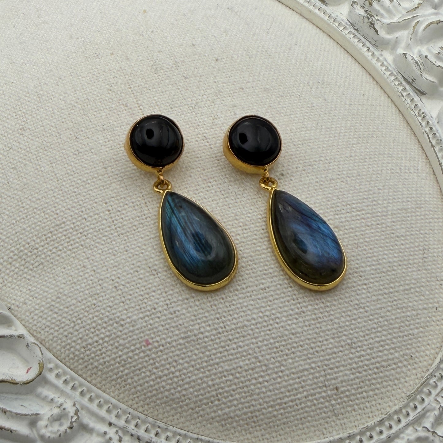 Luminous Allure: Dark of Night Onyx and Labradorite Drop Earrings