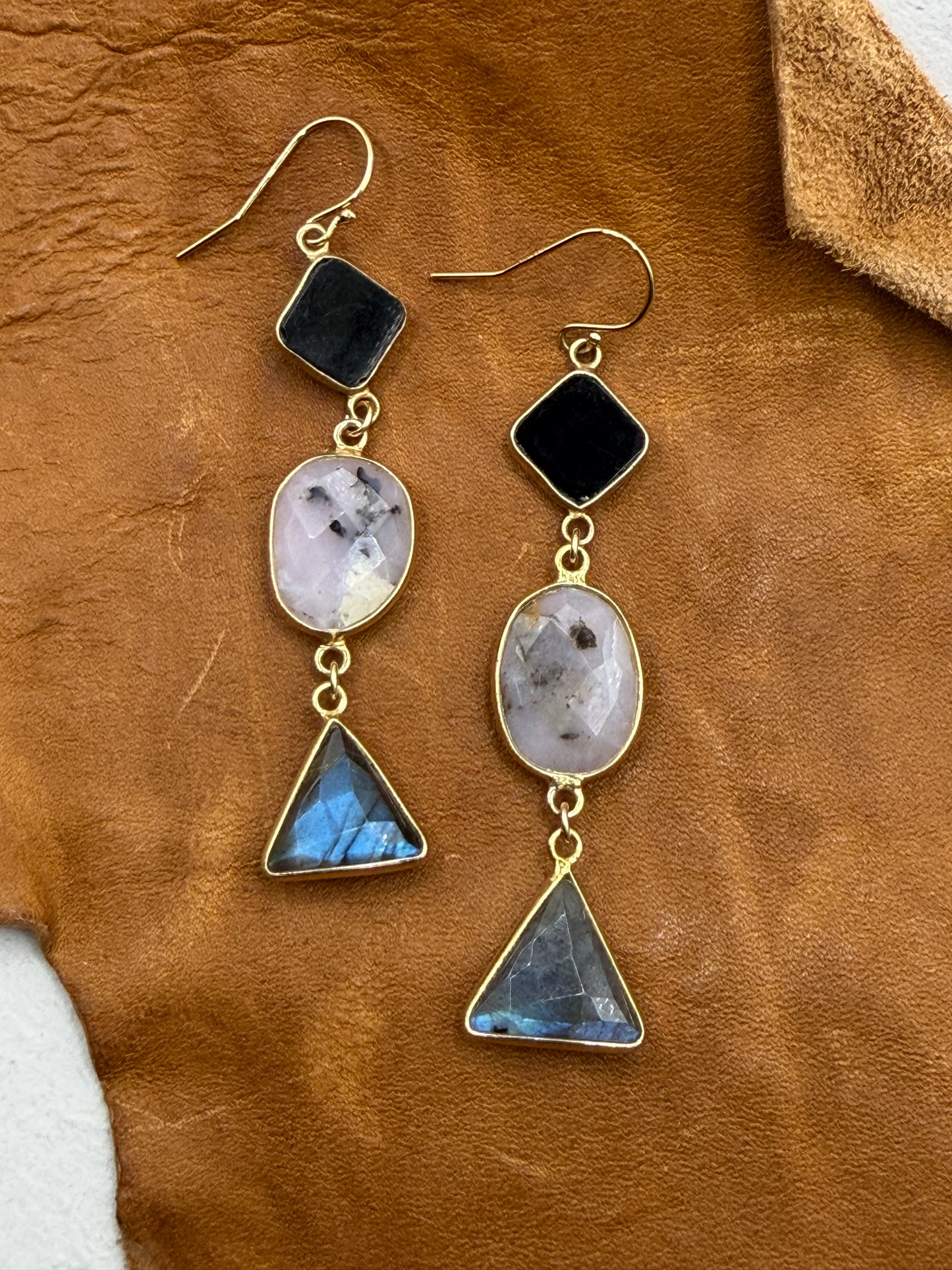 Gems and Geometry: Onyx Opal and Lab Stack Earrings