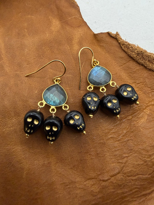 Ornamental Oddities: Labradorite and Laughing Skulls Chandelier Earrings