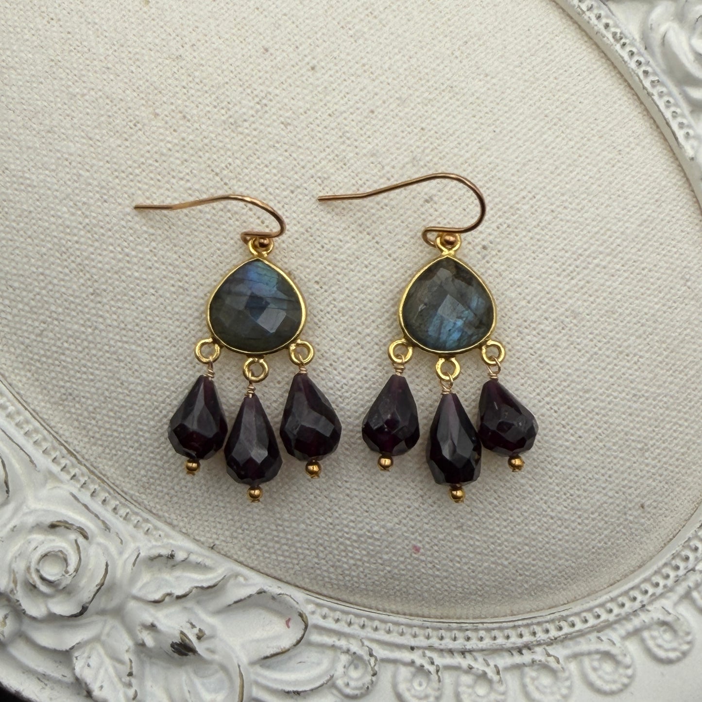 Luminous Allure: Labradorite and Garnet Chandelier Earrings
