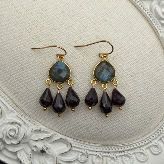 Luminous Allure: Labradorite and Garnet Chandelier Earrings