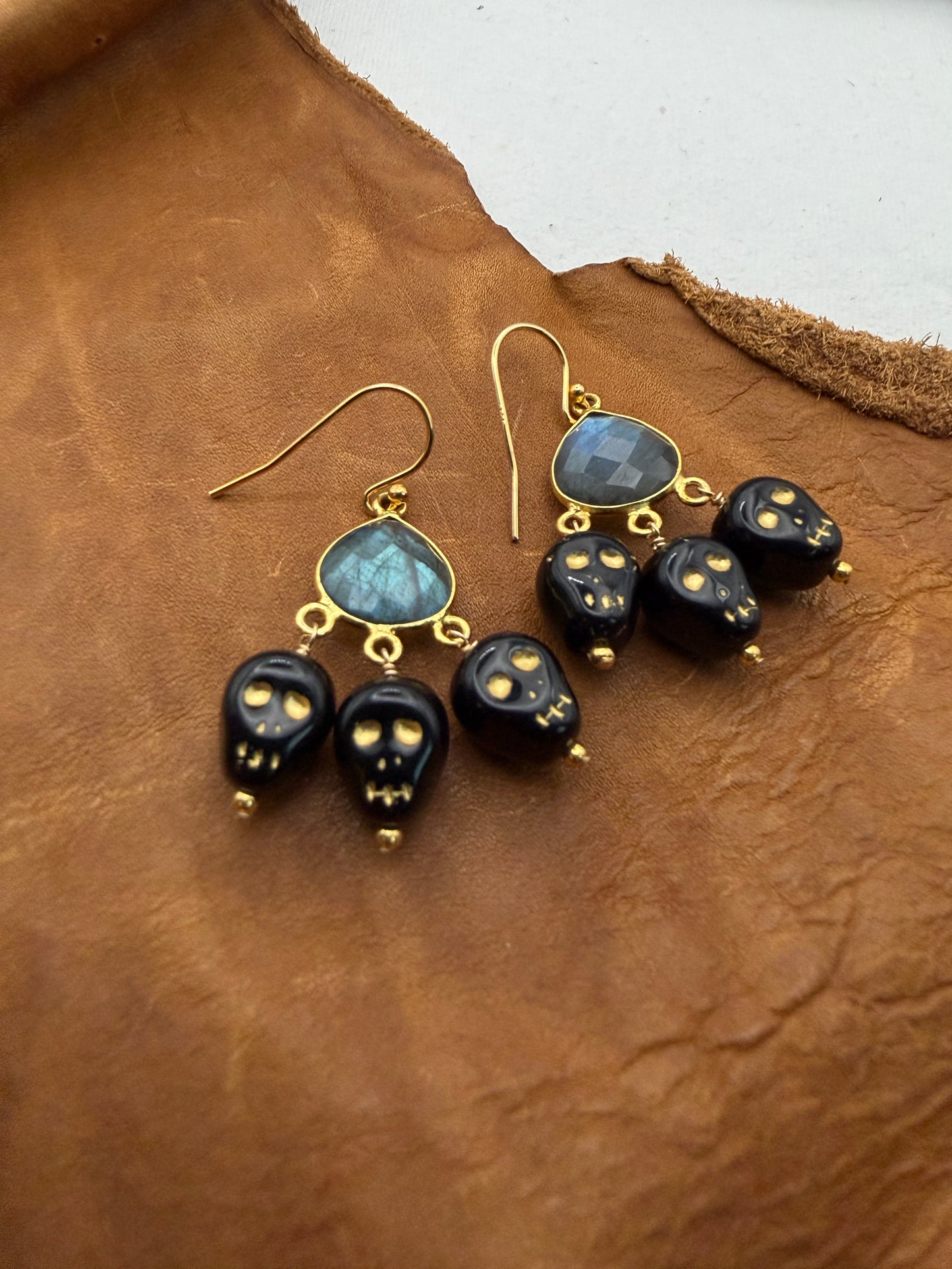 Ornamental Oddities: Labradorite and Laughing Skulls Chandelier Earrings