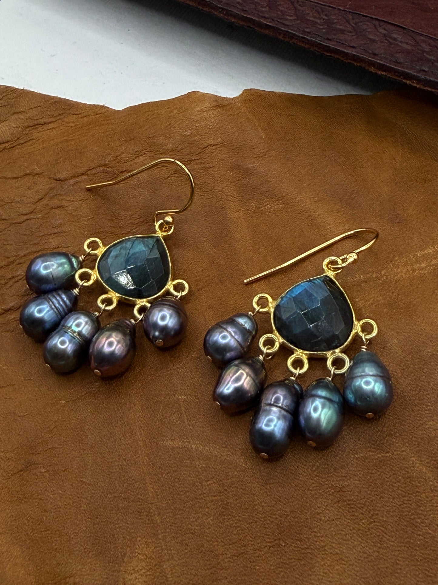 Luminous Allure: Labradorite and Midnight Pearls Chandelier Earrings