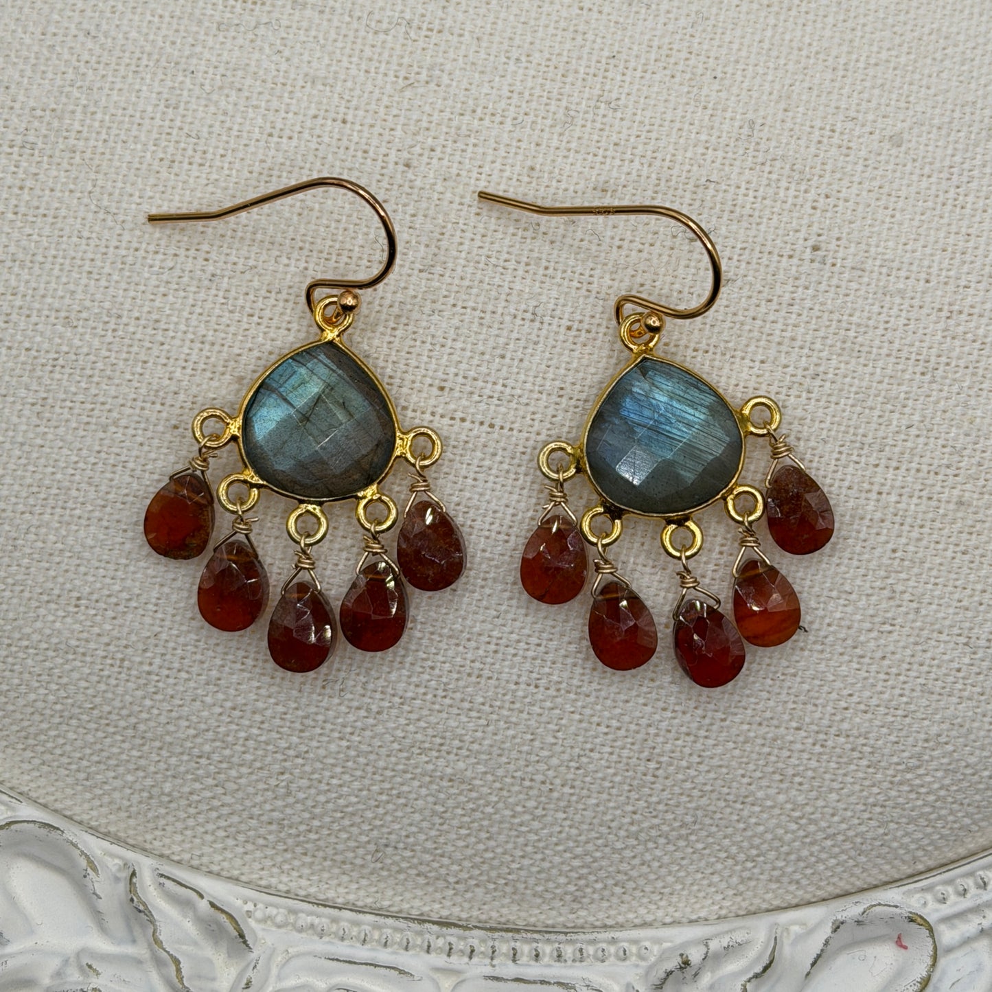 Luminous Allure: Labradorite and Hessonite Garnet Chandelier Earrings