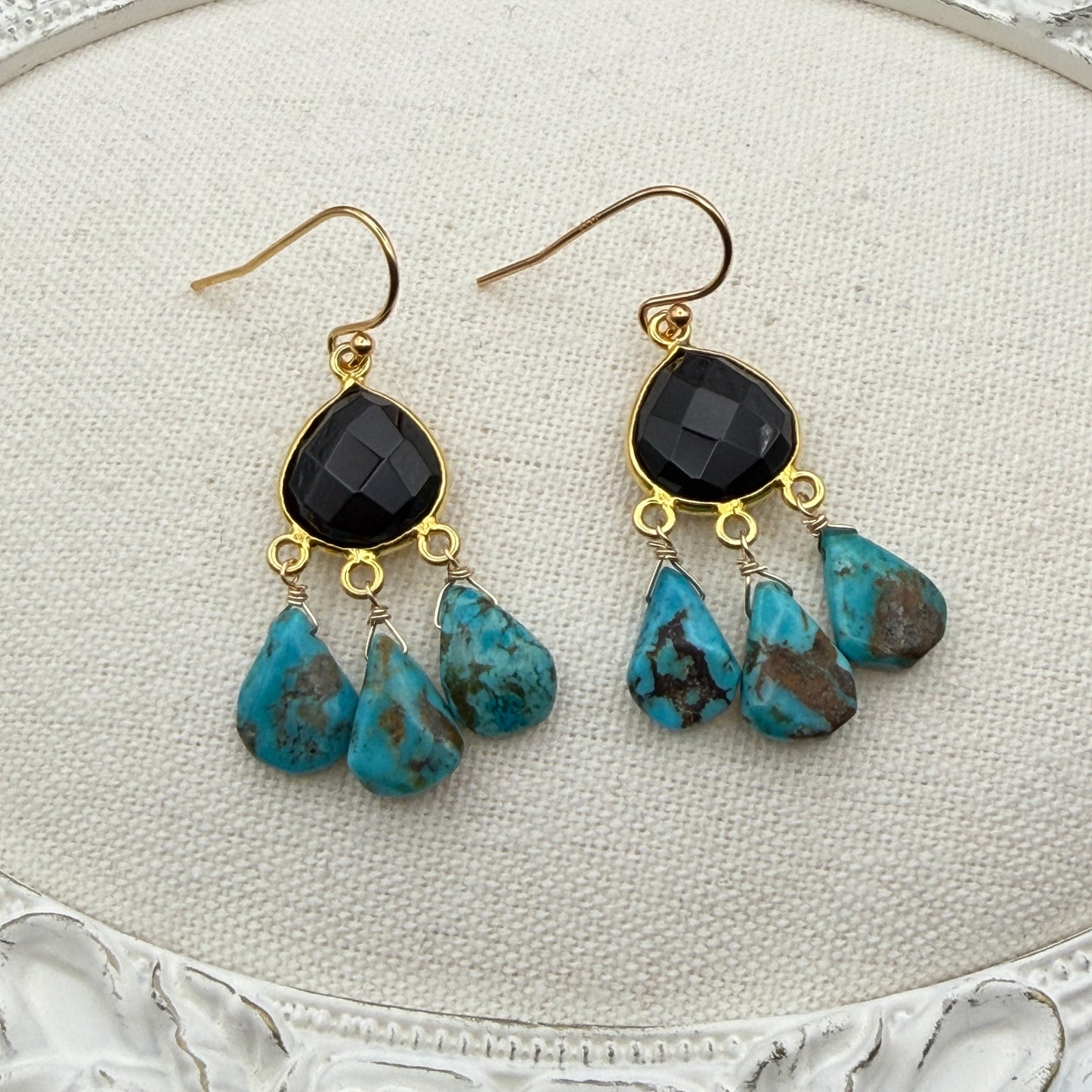Luminous Allure: Black Onyx and Turquoise Chandelier Earrings