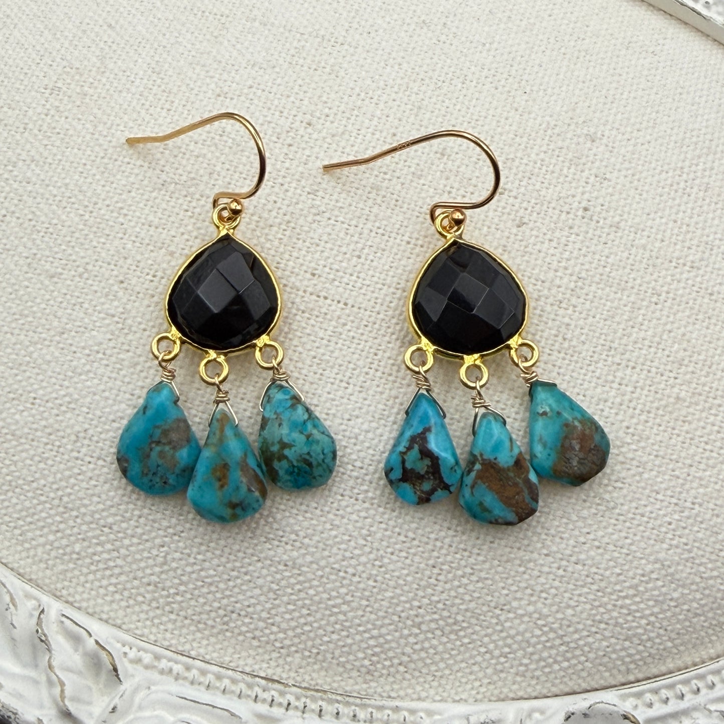 Luminous Allure: Black Onyx and Turquoise Chandelier Earrings