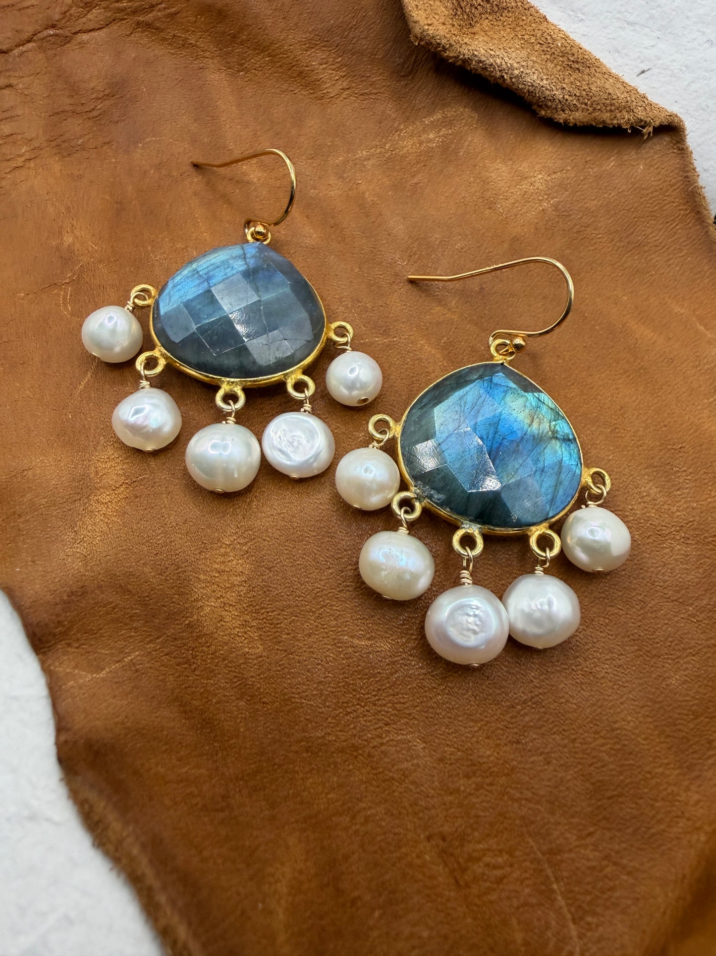 Luminous Allure: Labradorite and Pearl Classic Chandelier Earrings