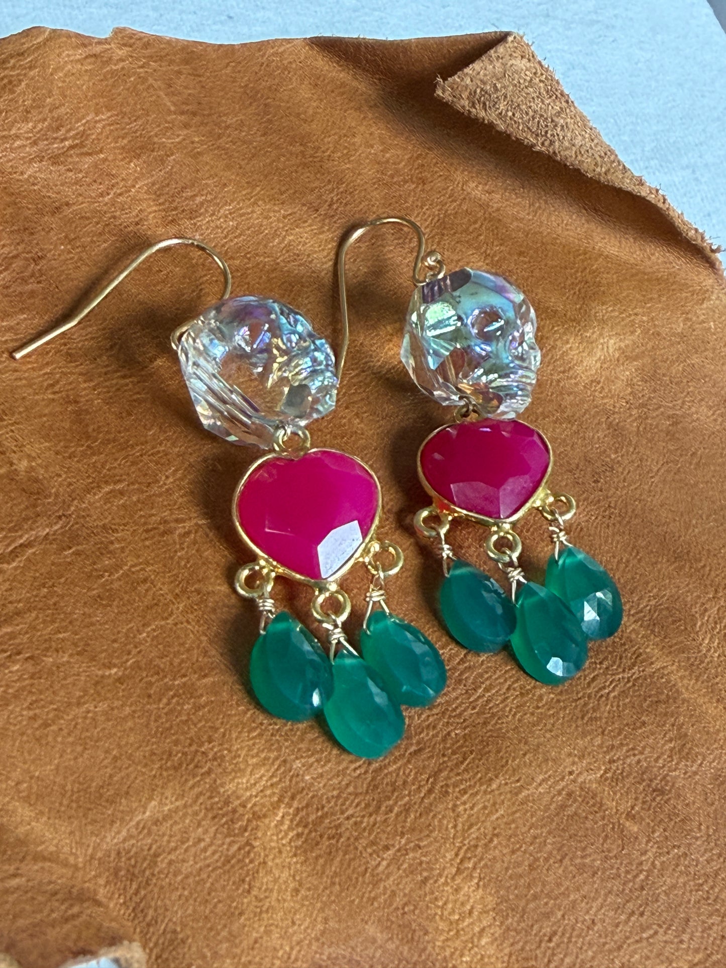 Ornamental Oddities: Crystal Skull and Gemstone Drop Chandelier Earrings (pink chalcedony heart and green onyx)