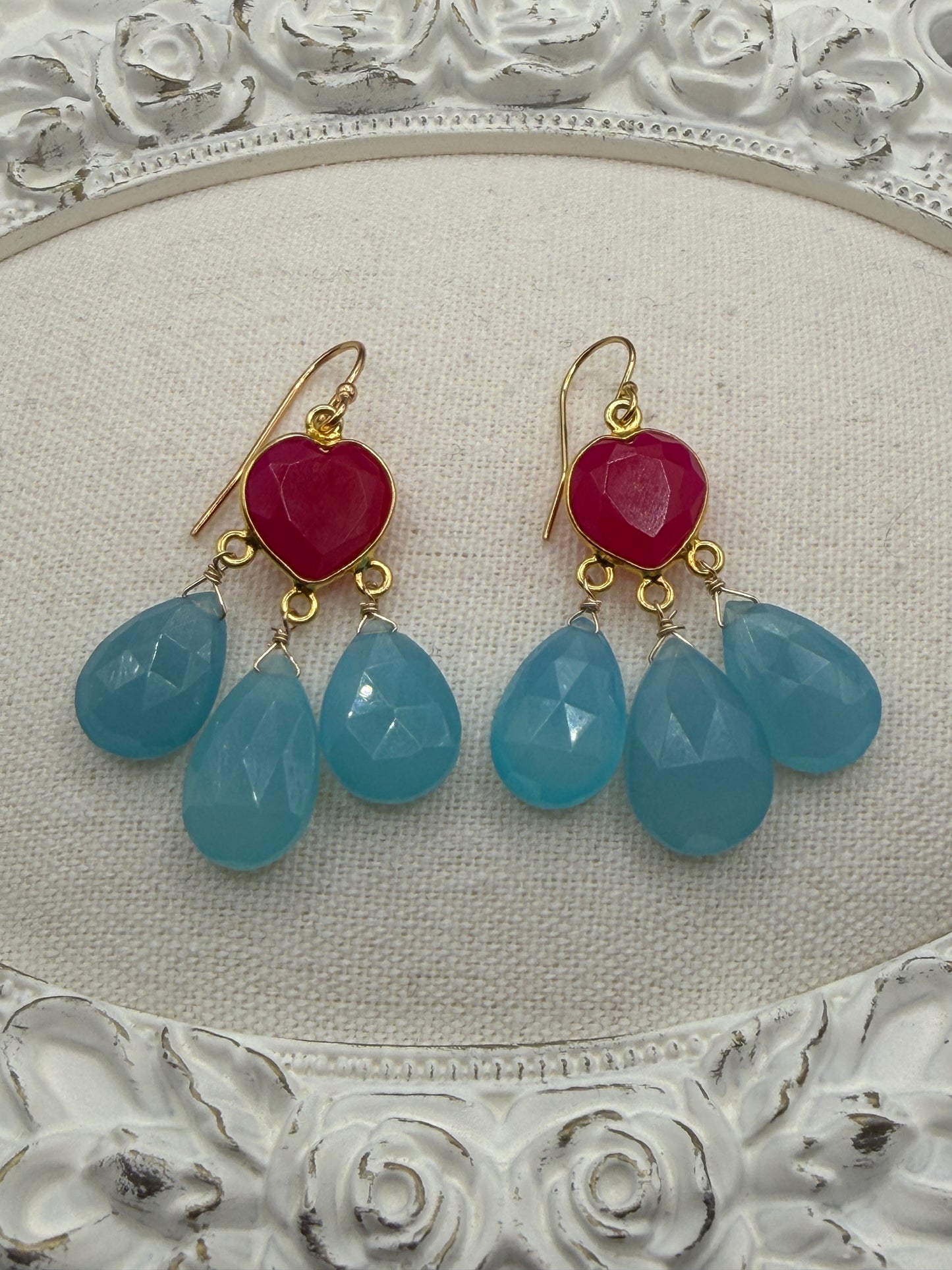 Gems Like Candy: Pink Hearts and Blue Tears Chandelier Earrings