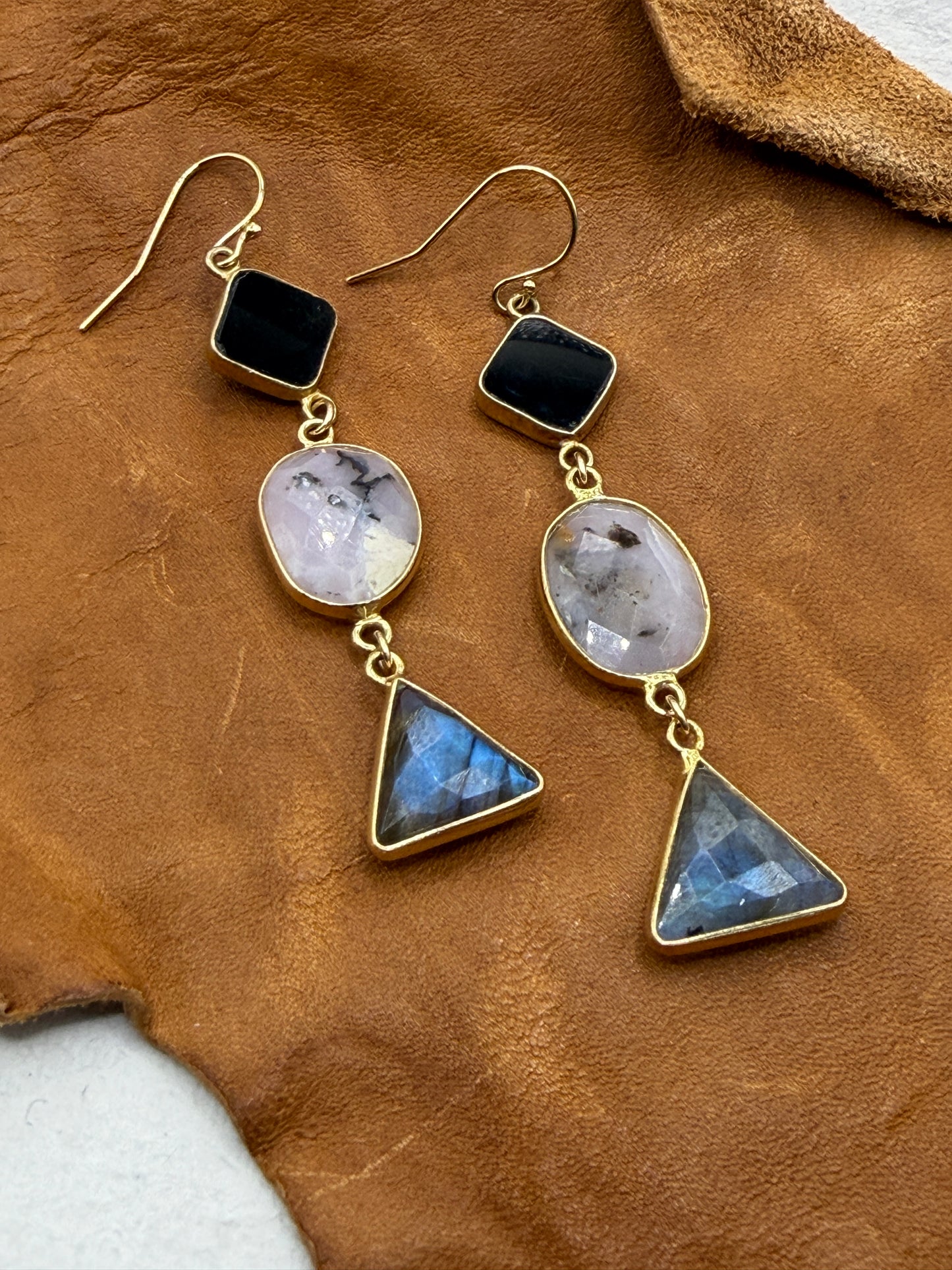 Gems and Geometry: Onyx Opal and Lab Stack Earrings