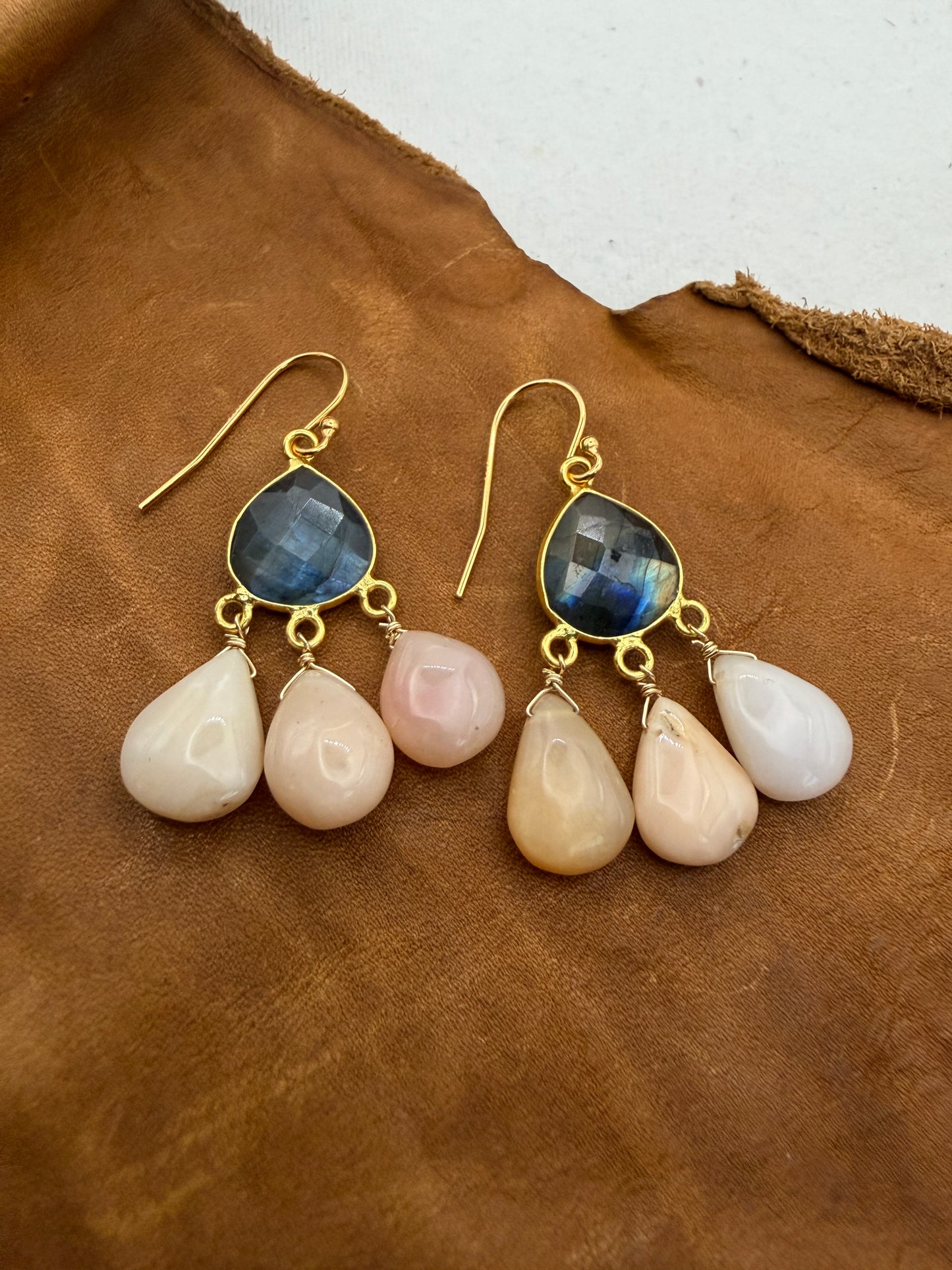 Luminous Allure: Pastel Skies Labradorite and Pink Opal Chandelier Earrings