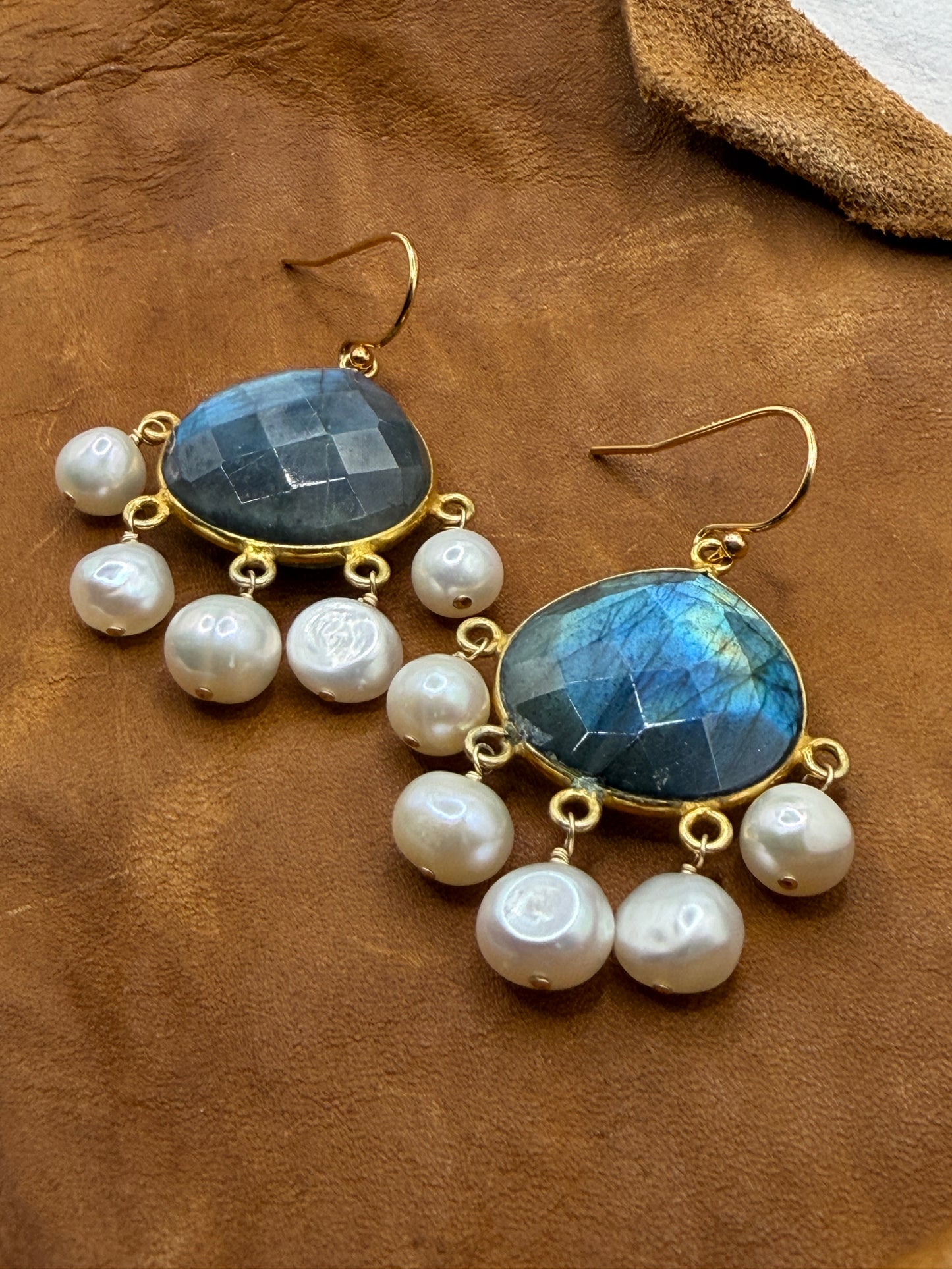 Luminous Allure: Labradorite and Pearl Classic Chandelier Earrings
