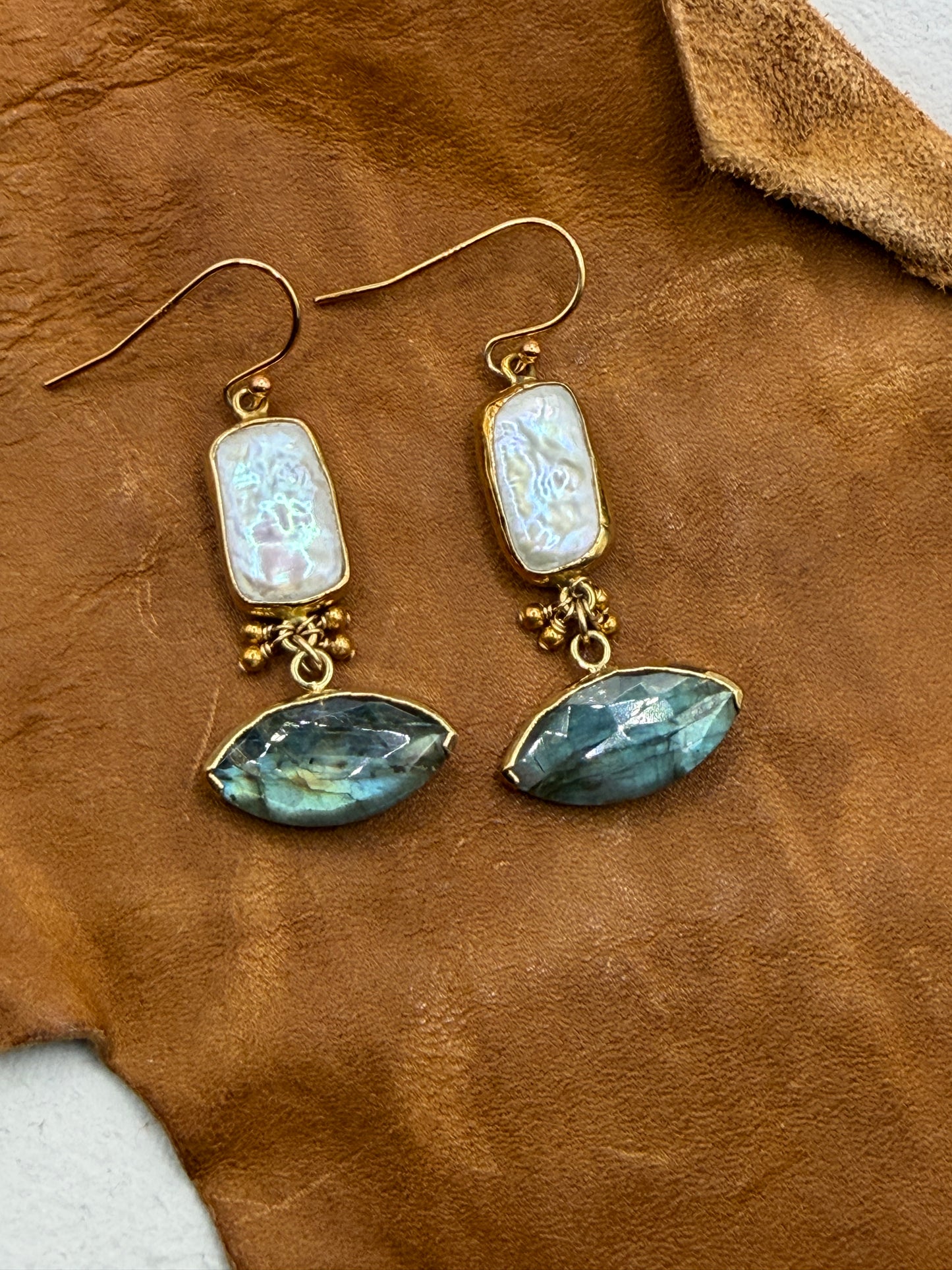 Luminous Allure: Cha-Cha Pearl and Labradorite Drop Earrings