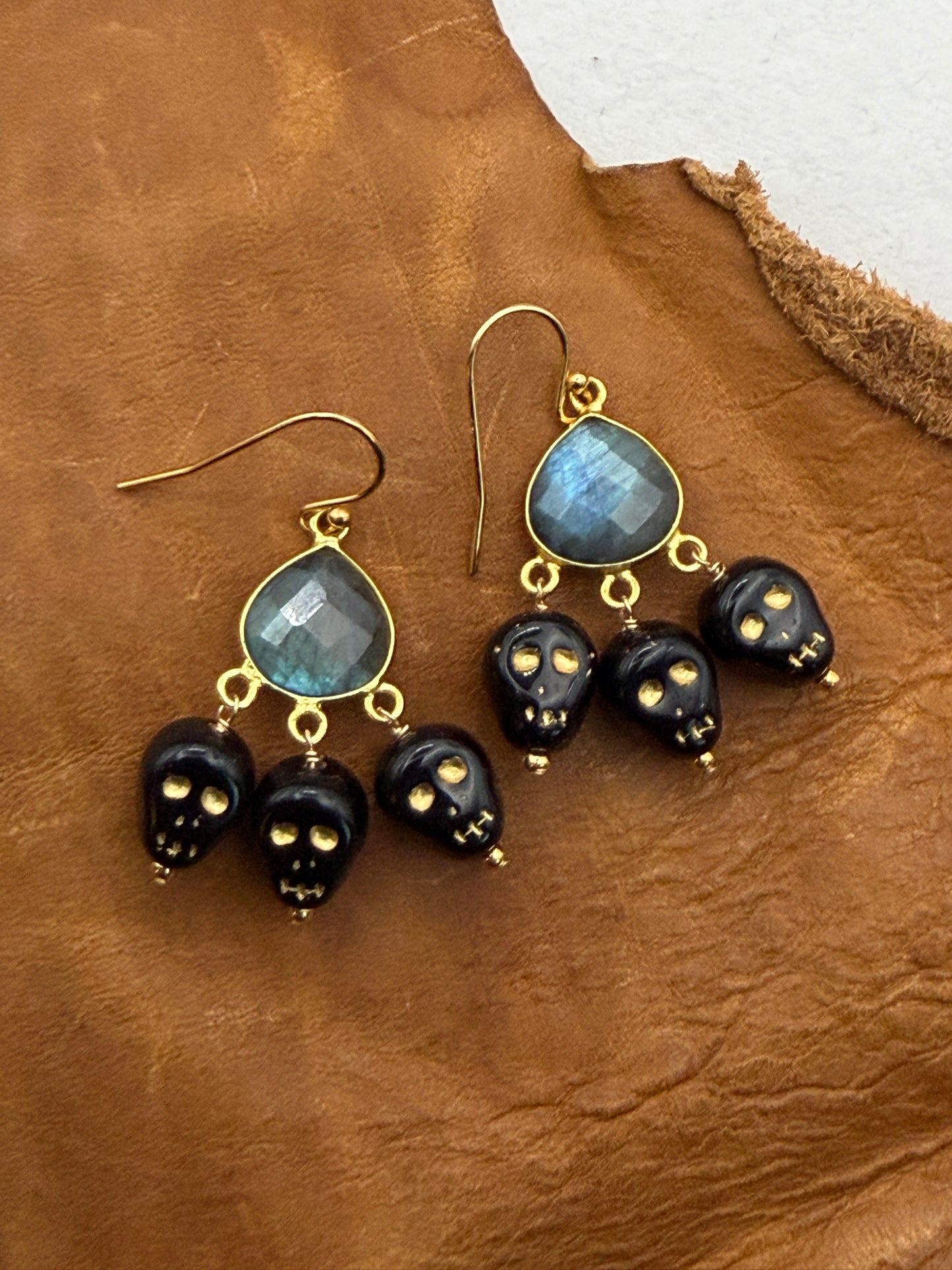 Ornamental Oddities: Labradorite and Laughing Skulls Chandelier Earrings