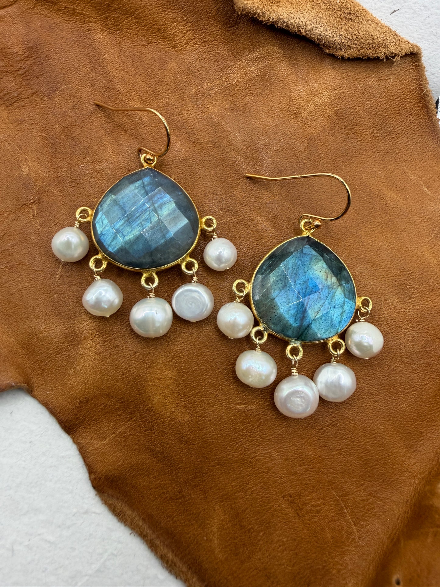 Luminous Allure: Labradorite and Pearl Classic Chandelier Earrings