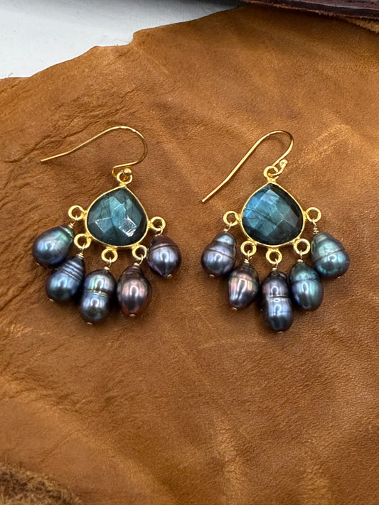 Luminous Allure: Labradorite and Midnight Pearls Chandelier Earrings