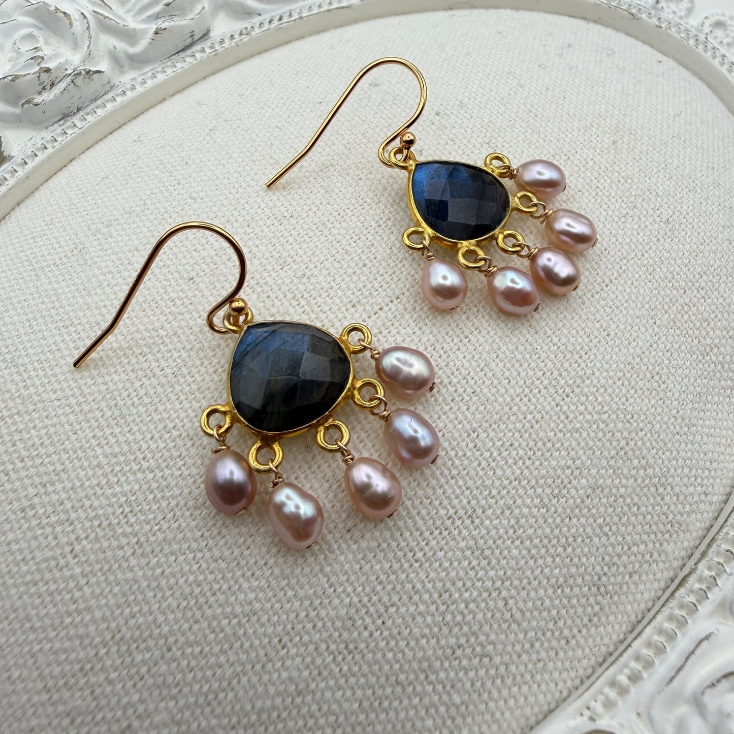 Luminous Allure: Labradorite and Pink Pearl Chandelier Earrings