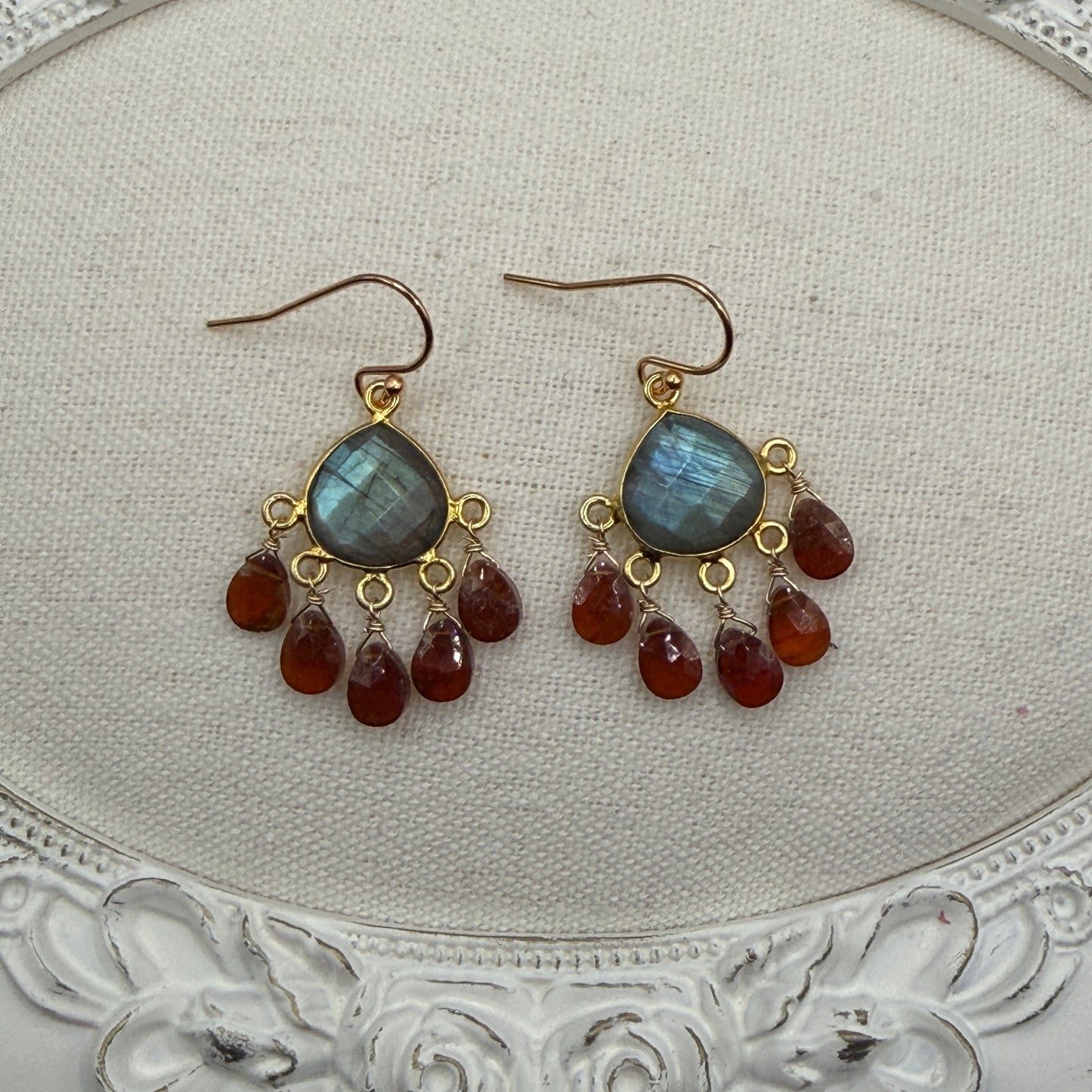 Luminous Allure: Labradorite and Hessonite Garnet Chandelier Earrings