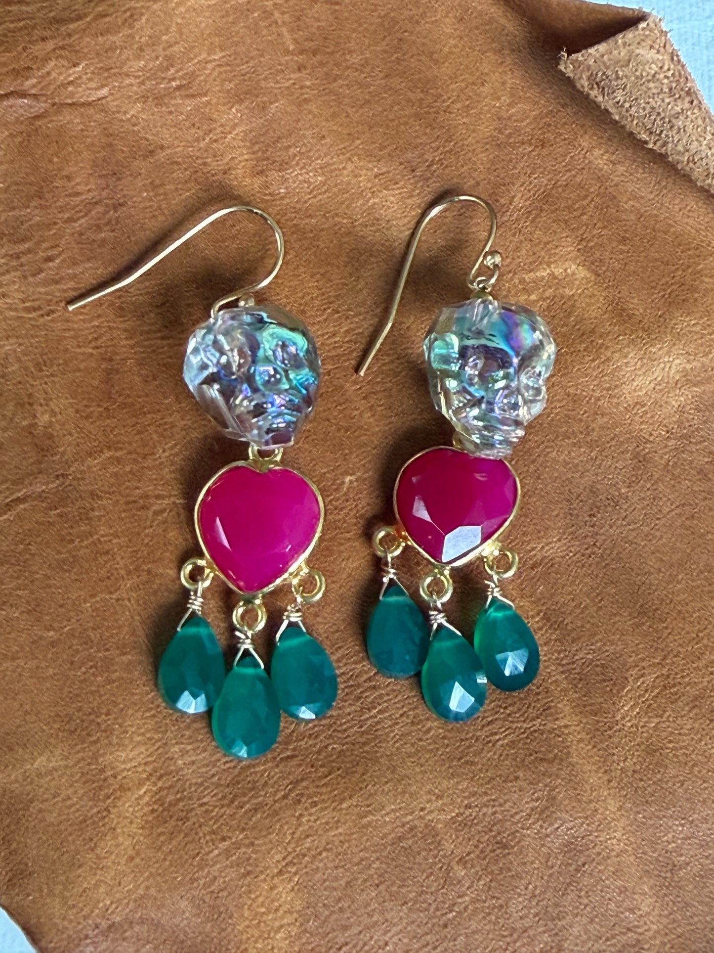 Ornamental Oddities: Crystal Skull and Gemstone Drop Chandelier Earrings (pink chalcedony heart and green onyx)