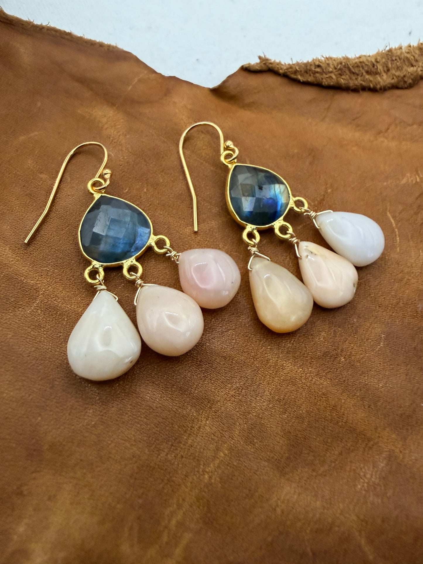 Luminous Allure: Pastel Skies Labradorite and Pink Opal Chandelier Earrings