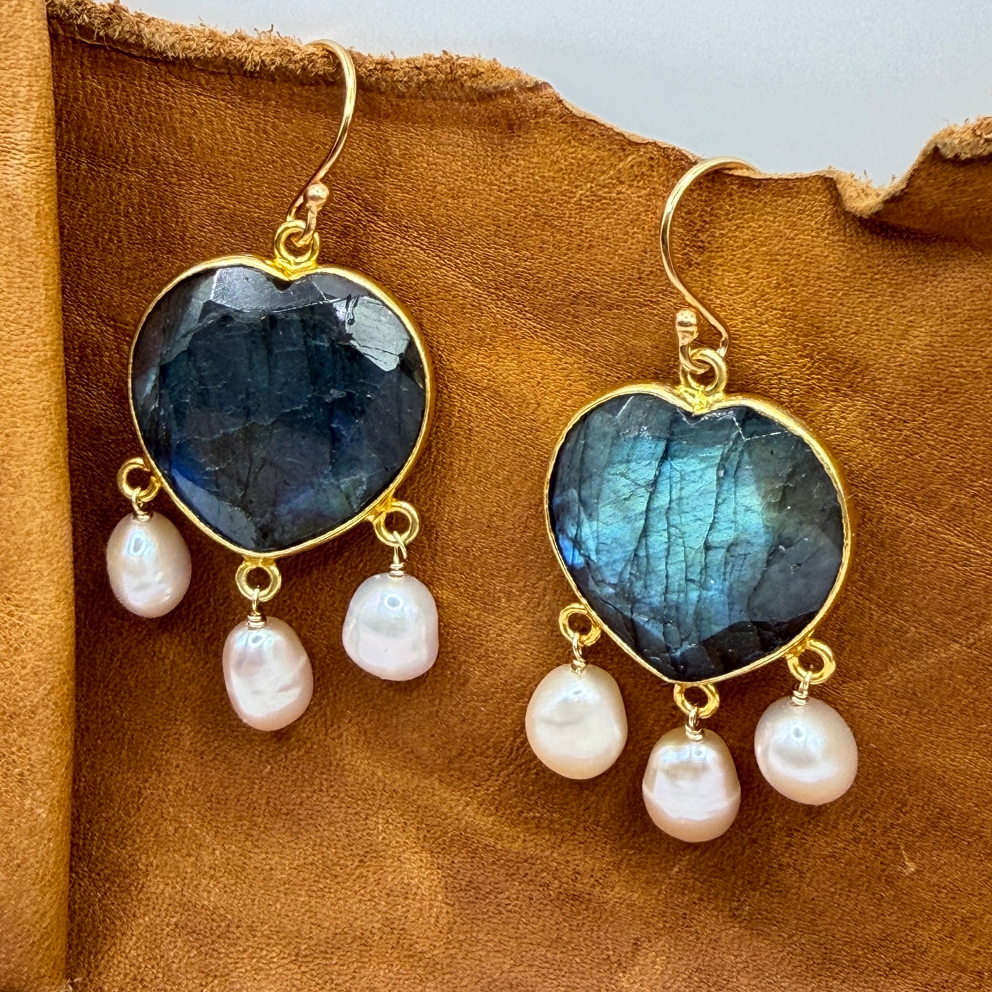 Luminous Allure: Labradorite Heart and Pearl Chandelier Earrings