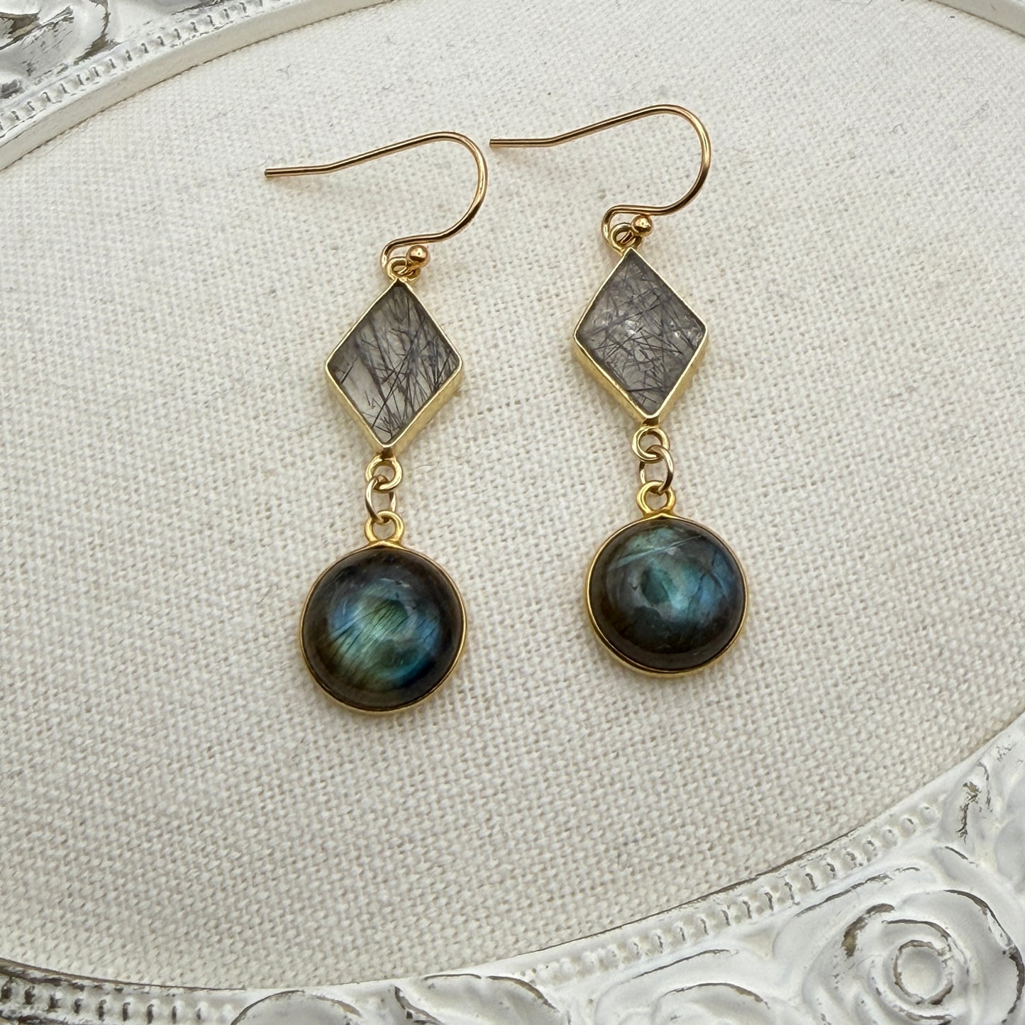 Gems and Geometry: Labradorite and Rutilated Quartz Drop Earrings
