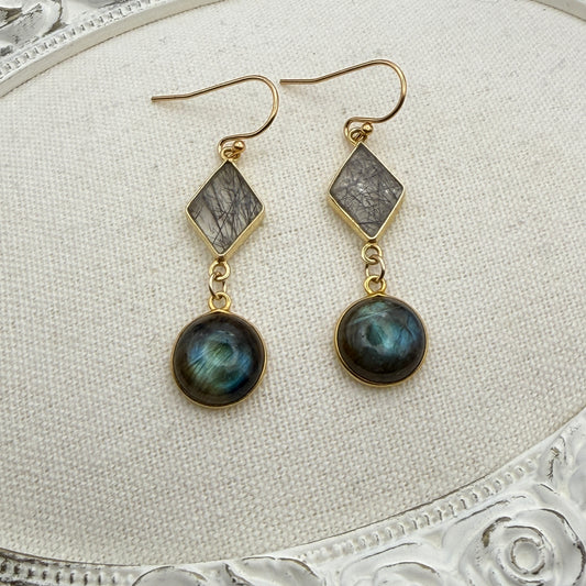Gems and Geometry: Labradorite and Rutilated Quartz Drop Earrings