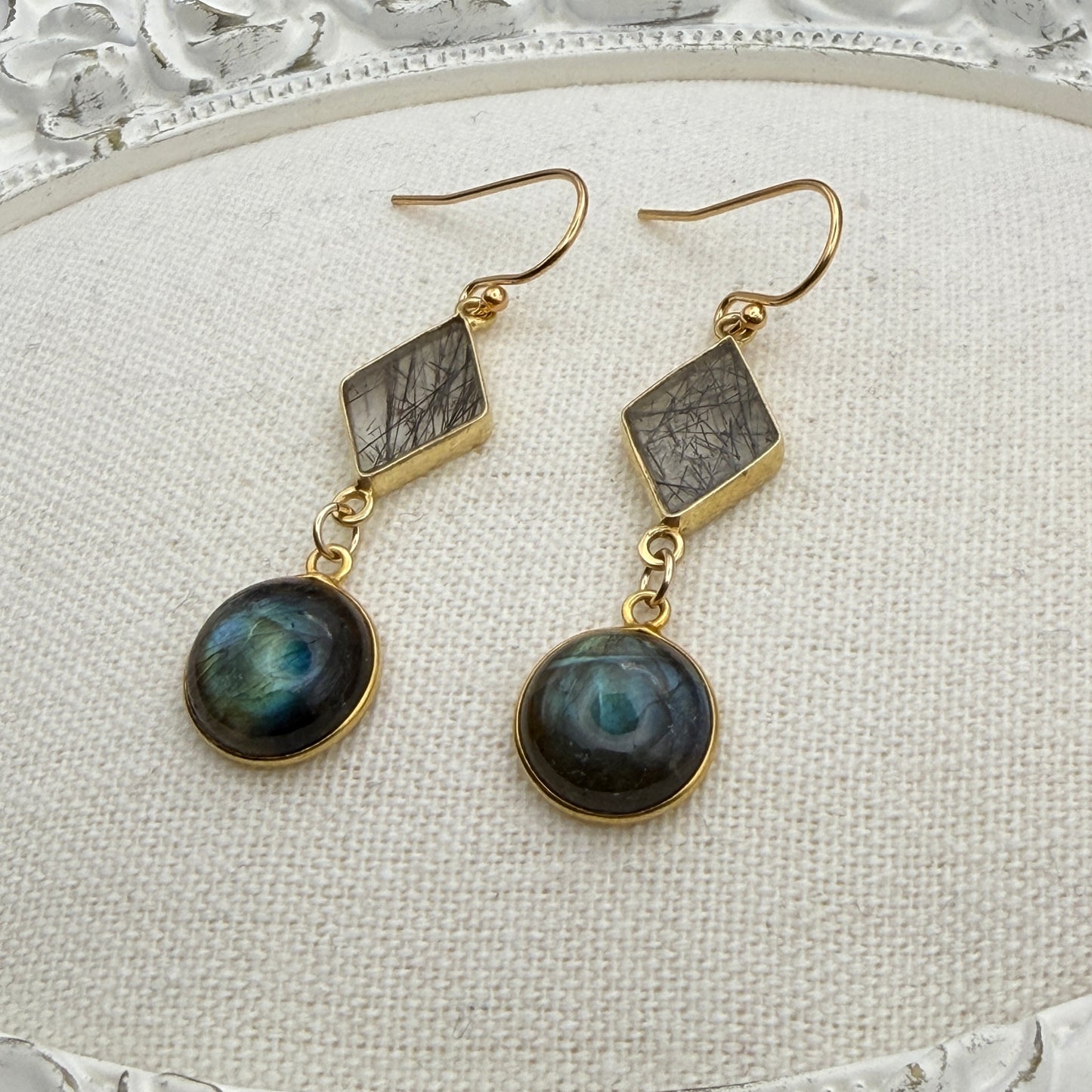 Gems and Geometry: Labradorite and Rutilated Quartz Drop Earrings