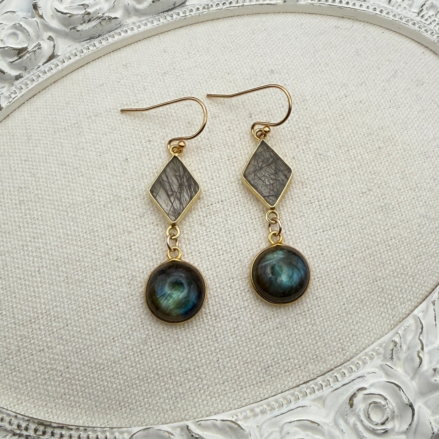 Gems and Geometry: Labradorite and Rutilated Quartz Drop Earrings