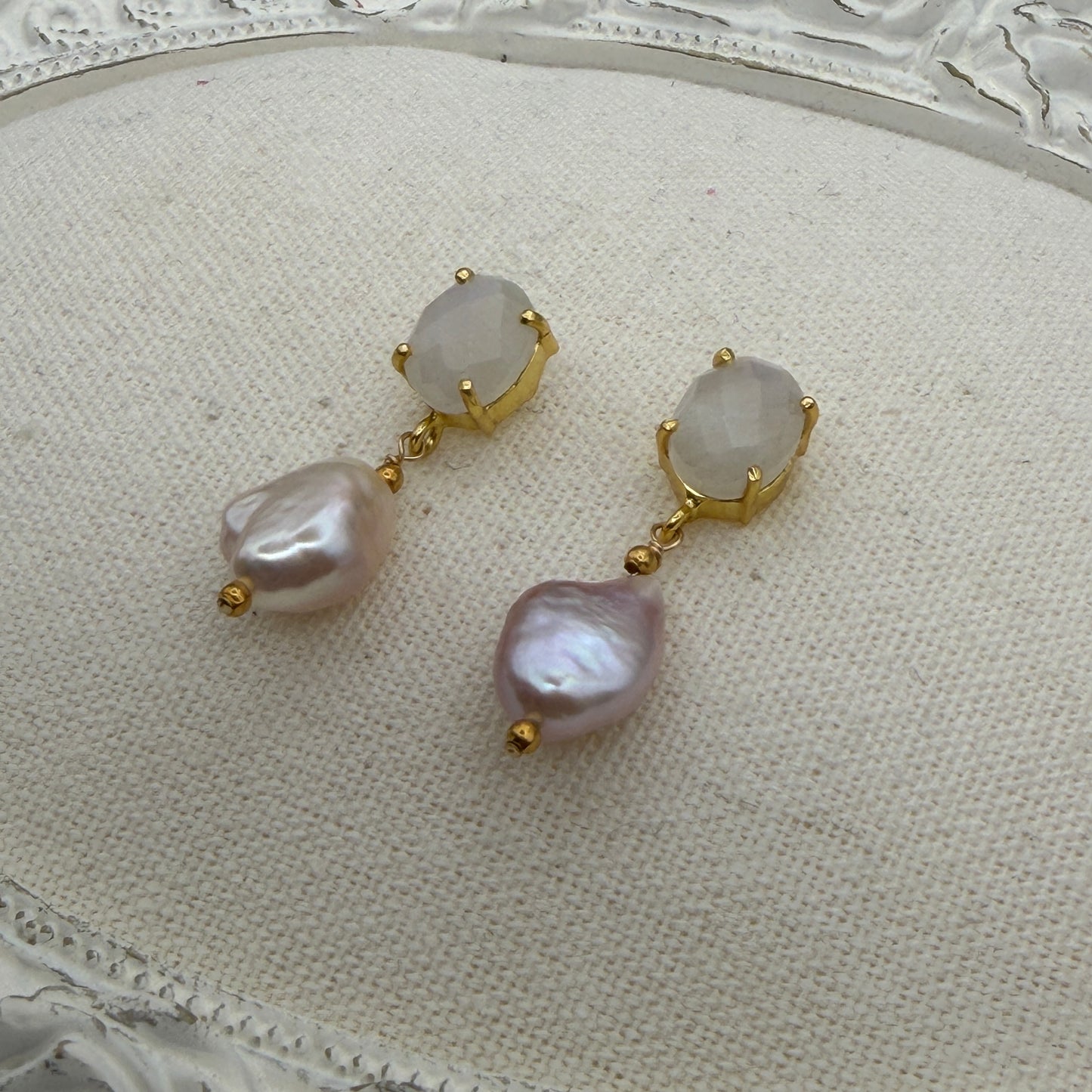 Luminous Allure: Lunar Romance Rainbow Moonstone and Pink Pear Earrings