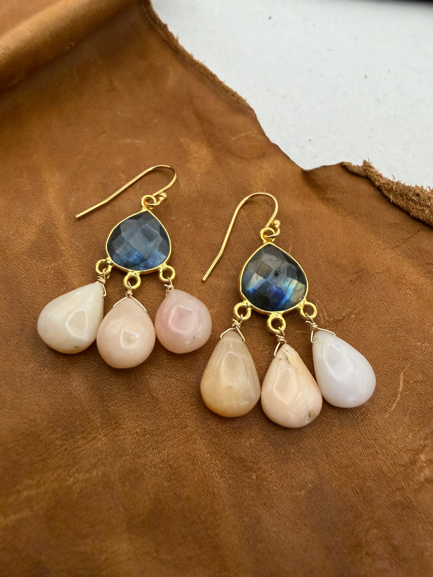 Luminous Allure: Pastel Skies Labradorite and Pink Opal Chandelier Earrings