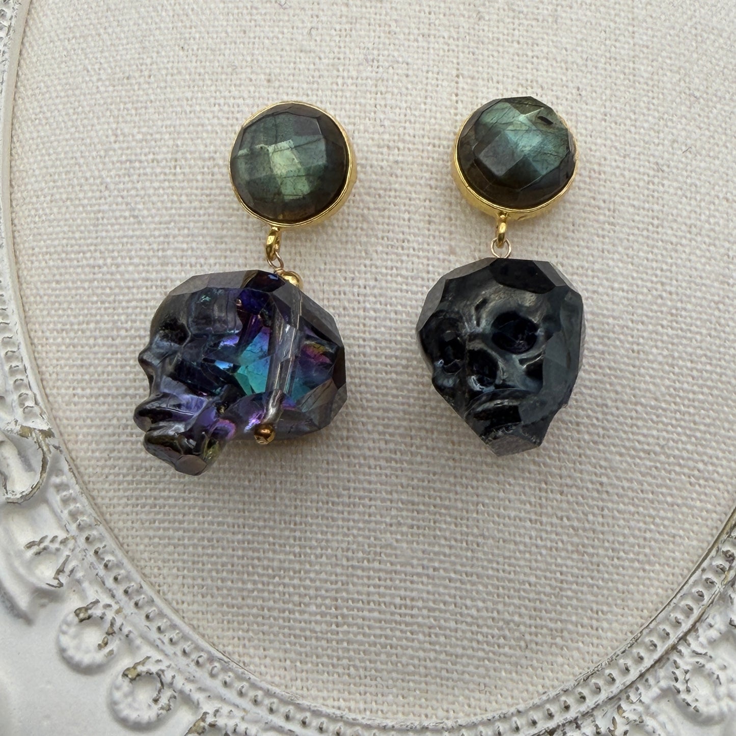 Ornamental Oddities: Crystal Skull and Labradorite Drop Earrings