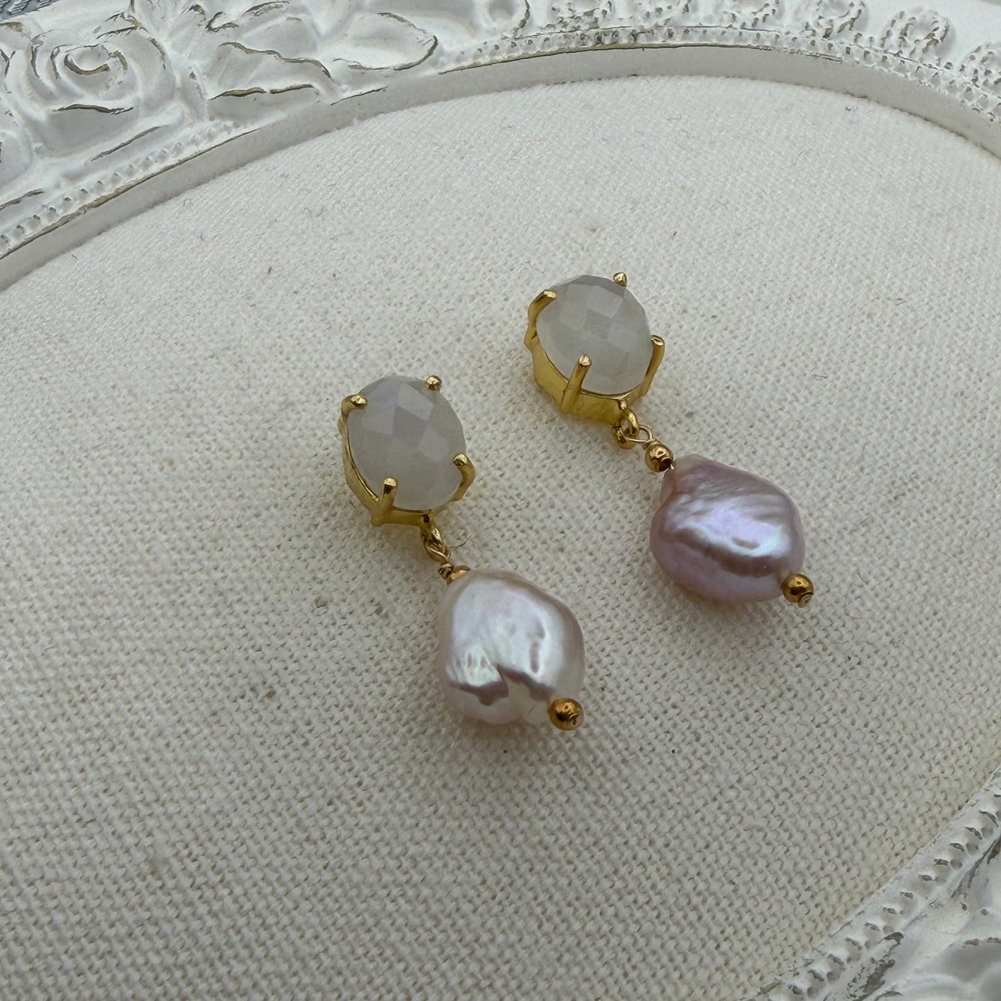 Luminous Allure: Lunar Romance Rainbow Moonstone and Pink Pear Earrings
