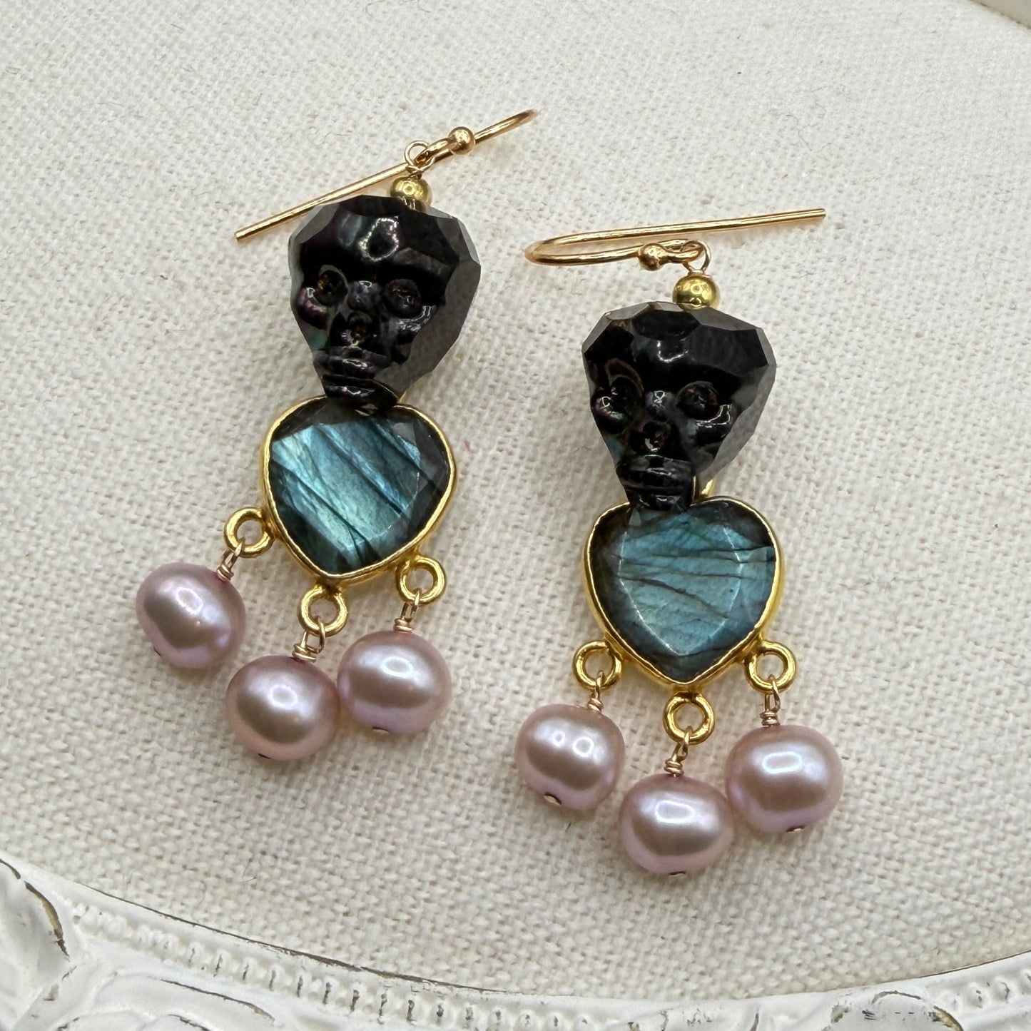 Ornamental Oddities: Crystal Skull and Gemstone Drop Chandelier Earrings (labradorite heart and pink pearl)